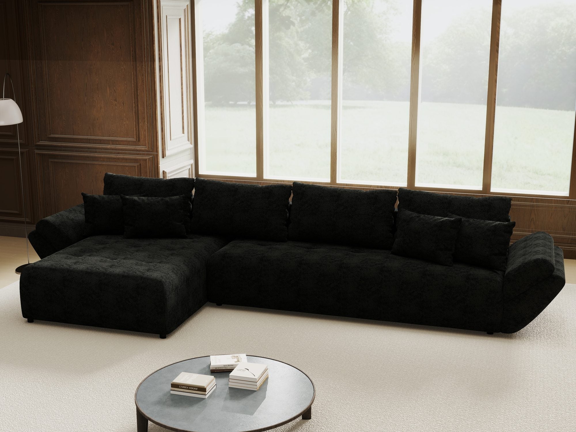 Colțar extensibil dumonde cu ladă de depozitare si sezut confortabil din spuma high-density, Berlin XL Quelle Negru 100 350x185 cm