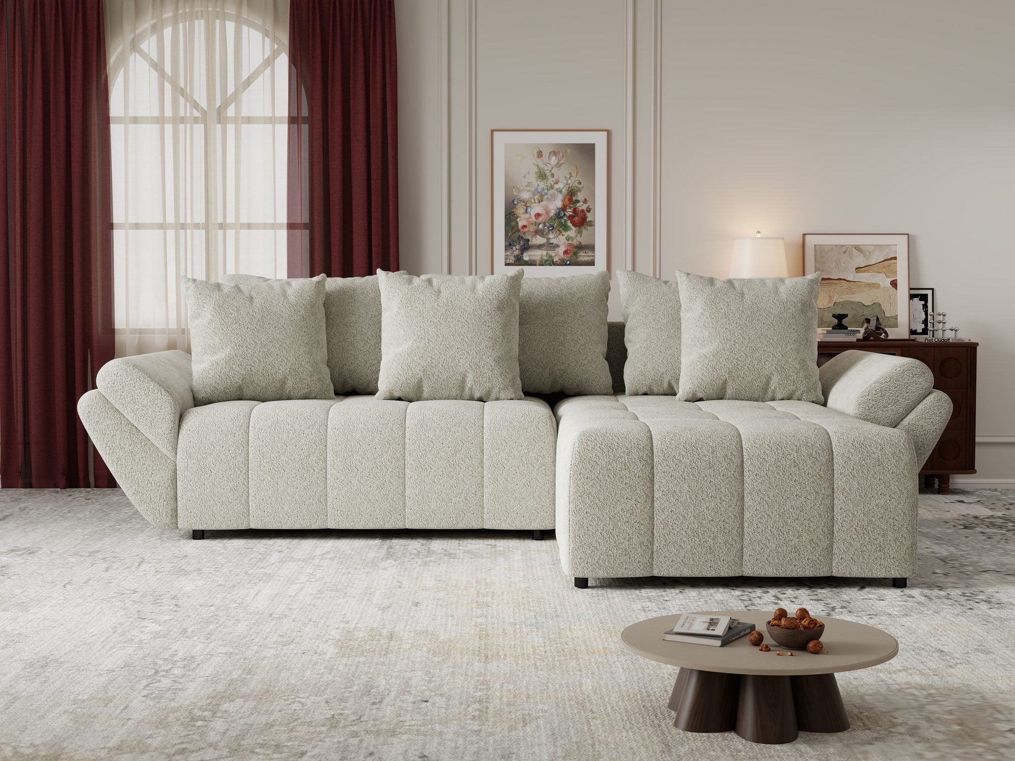Colțar extensibil dumonde cu ladă de depozitare si sezut confortabil din spuma high-density, Berlin Arena Bej 20 II 280x185 cm