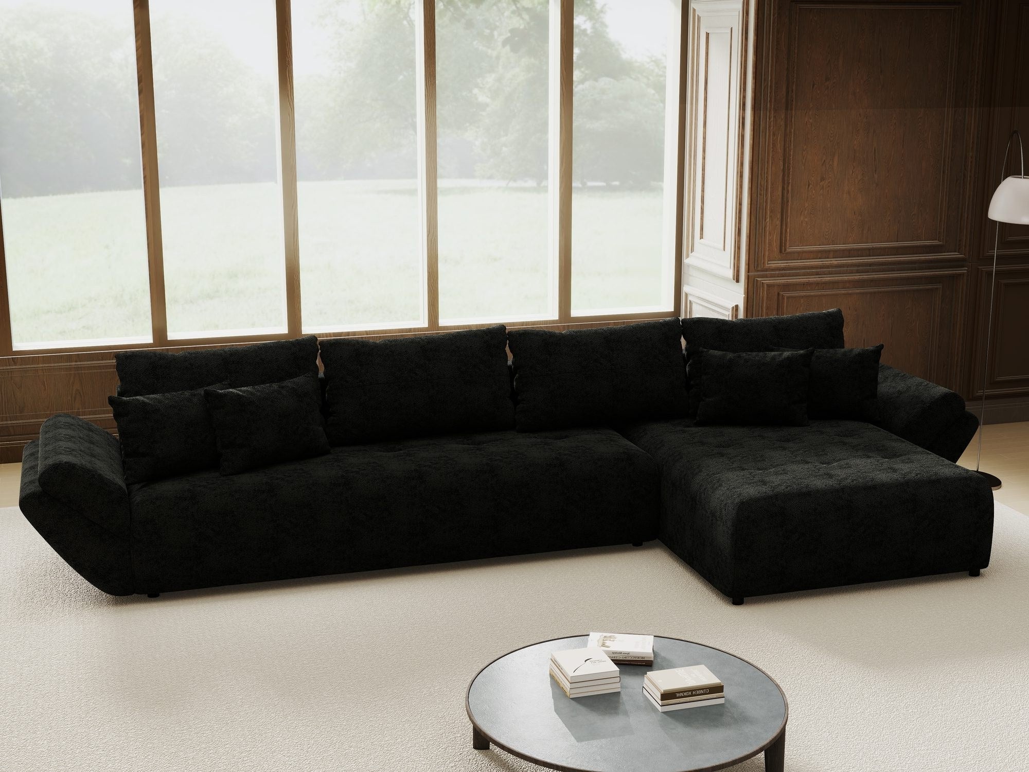 Colțar extensibil dumonde cu ladă de depozitare si sezut confortabil din spuma high-density, Berlin XL Quelle Negru 100 II 350x185 cm