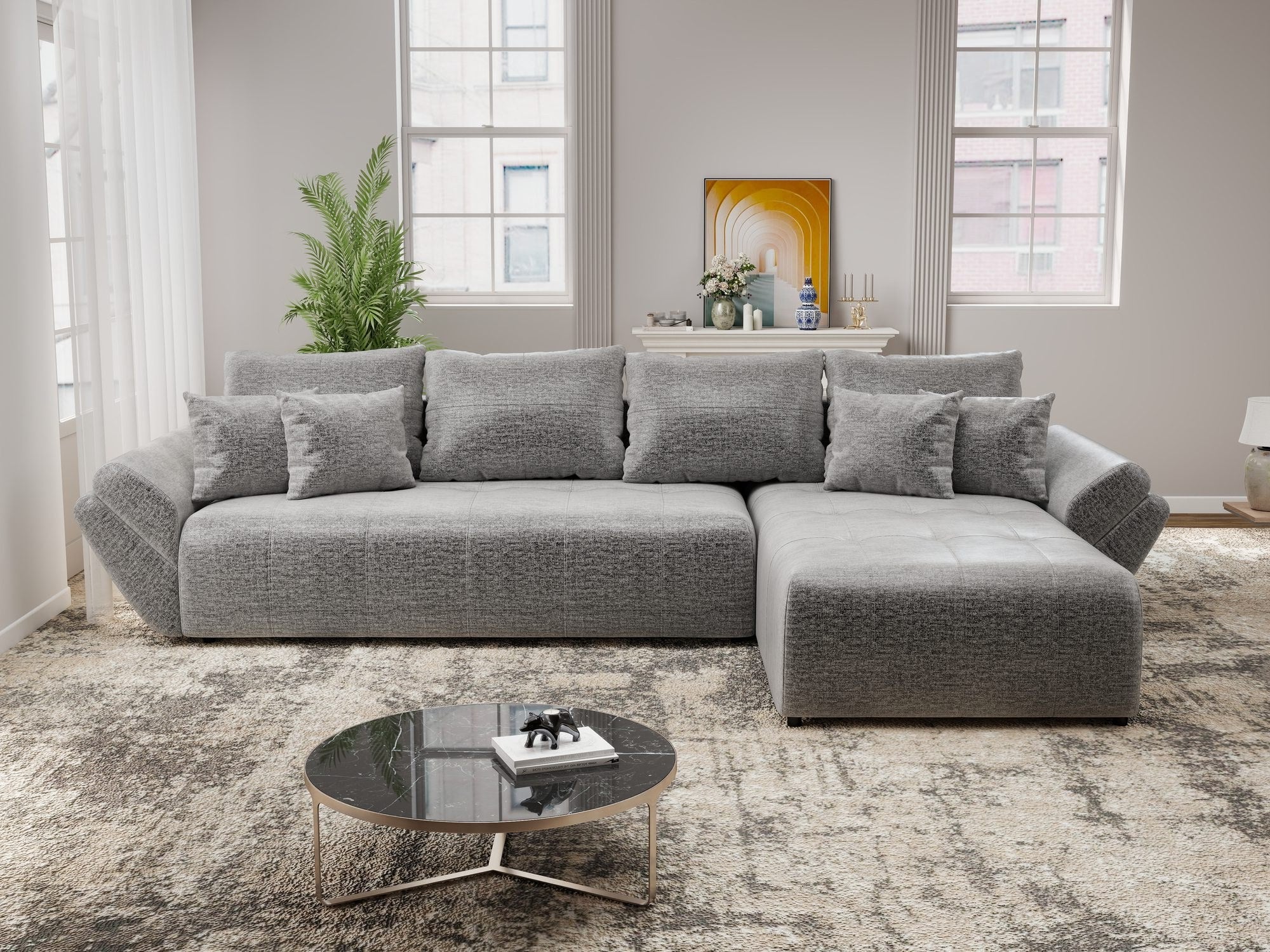 Colțar extensibil dumonde cu ladă de depozitare si sezut confortabil din spuma high-density, Berlin XL Monolith Gri 85 II 350x185 cm