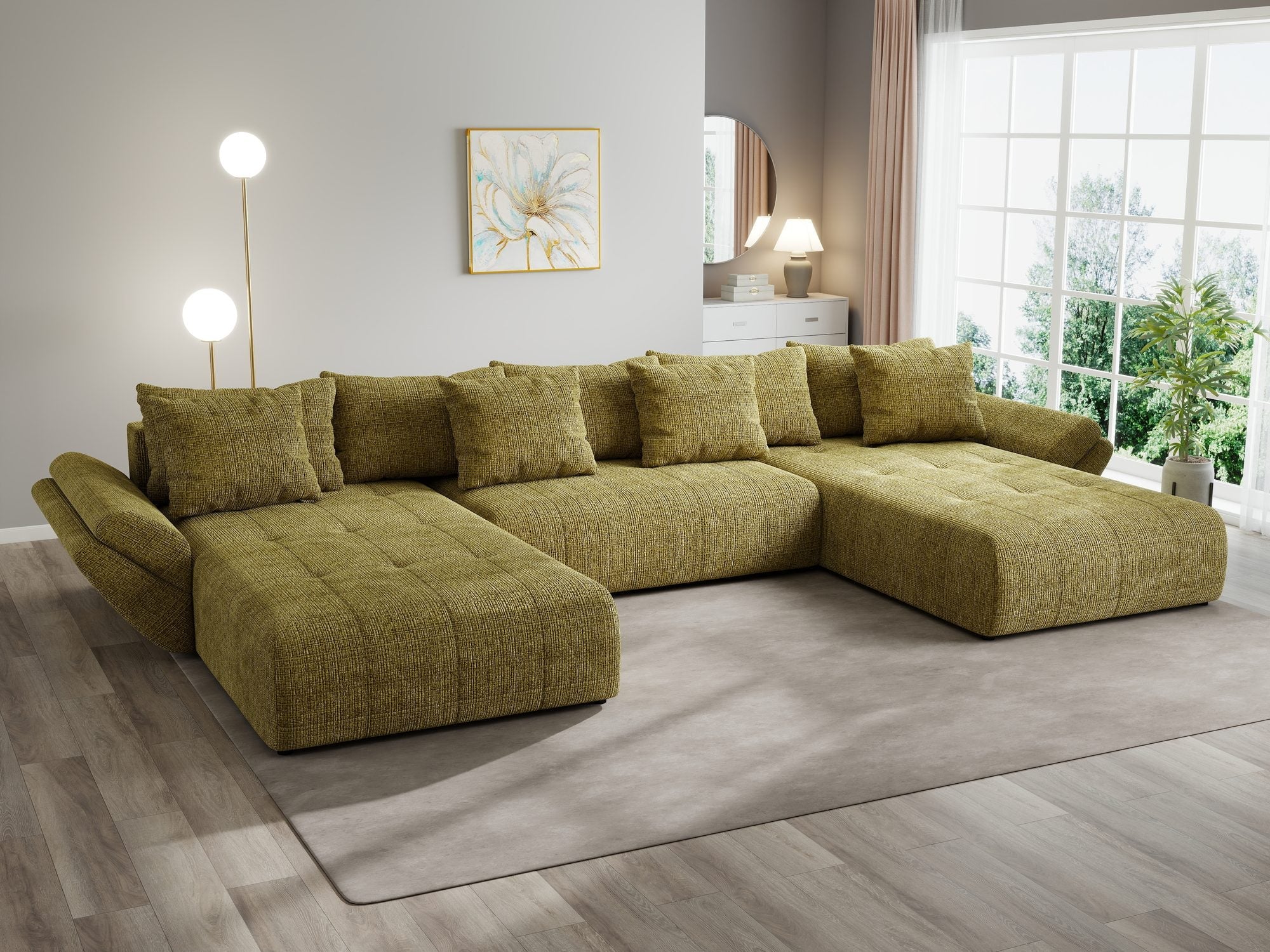 Colțar extensibil dumonde cu ladă de depozitare si sezut confortabil din spuma high-density, Berlin U Cremona Olive 38 380x180 cm