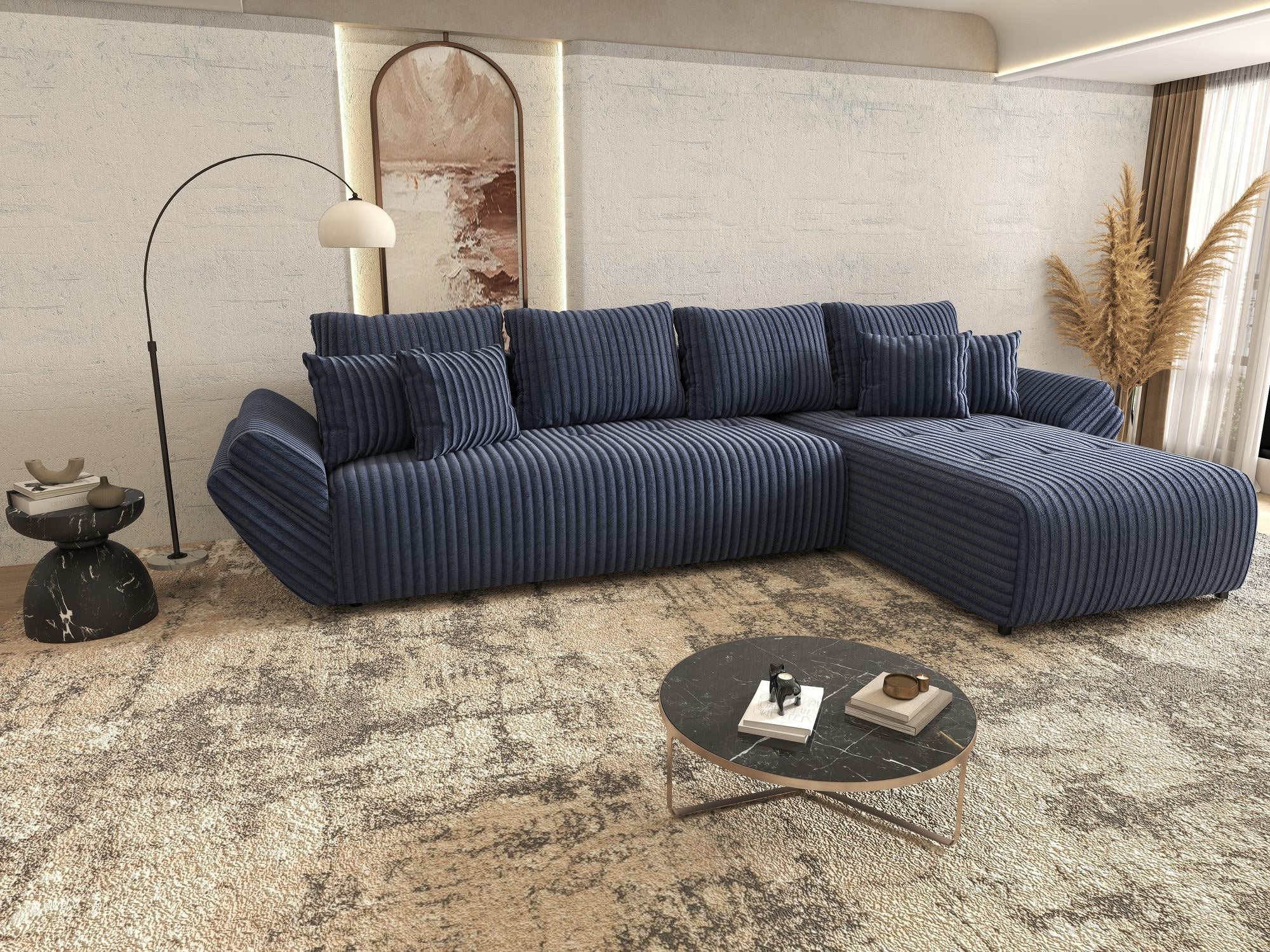 Colțar extensibil dumonde cu ladă de depozitare si sezut confortabil din spuma high-density, Berlin XL Tilia Albastru 77 II 350x185 cm