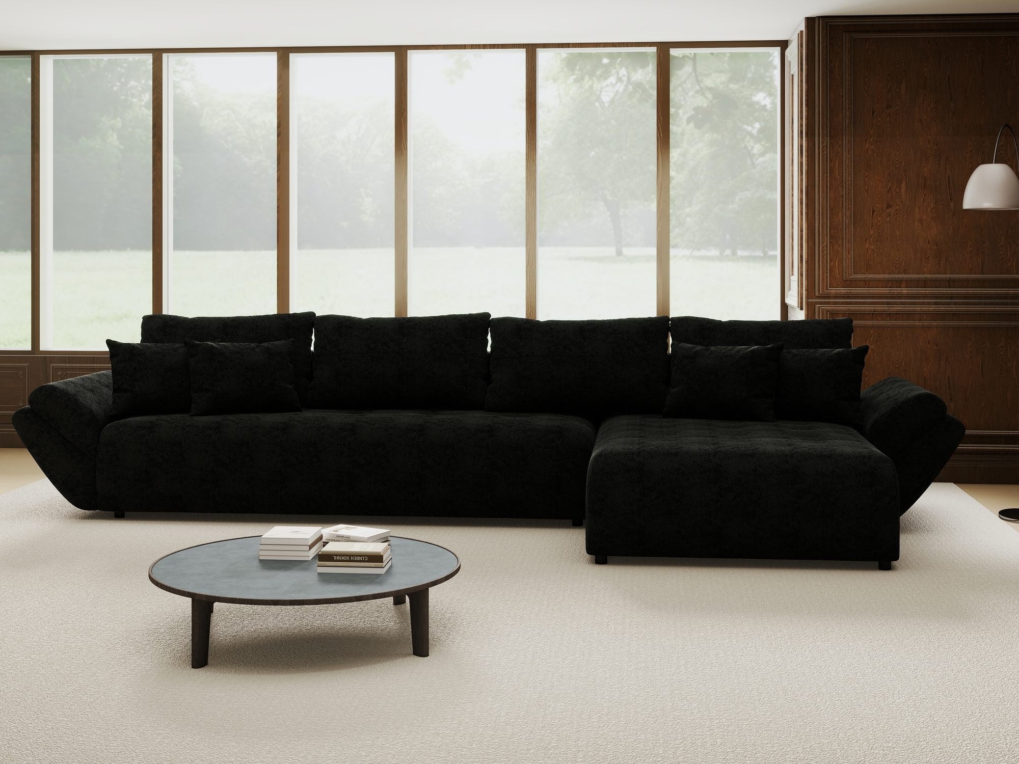 Colțar extensibil dumonde cu ladă de depozitare si sezut confortabil din spuma high-density, Berlin XL Quelle Negru 100 II 350x185 cm