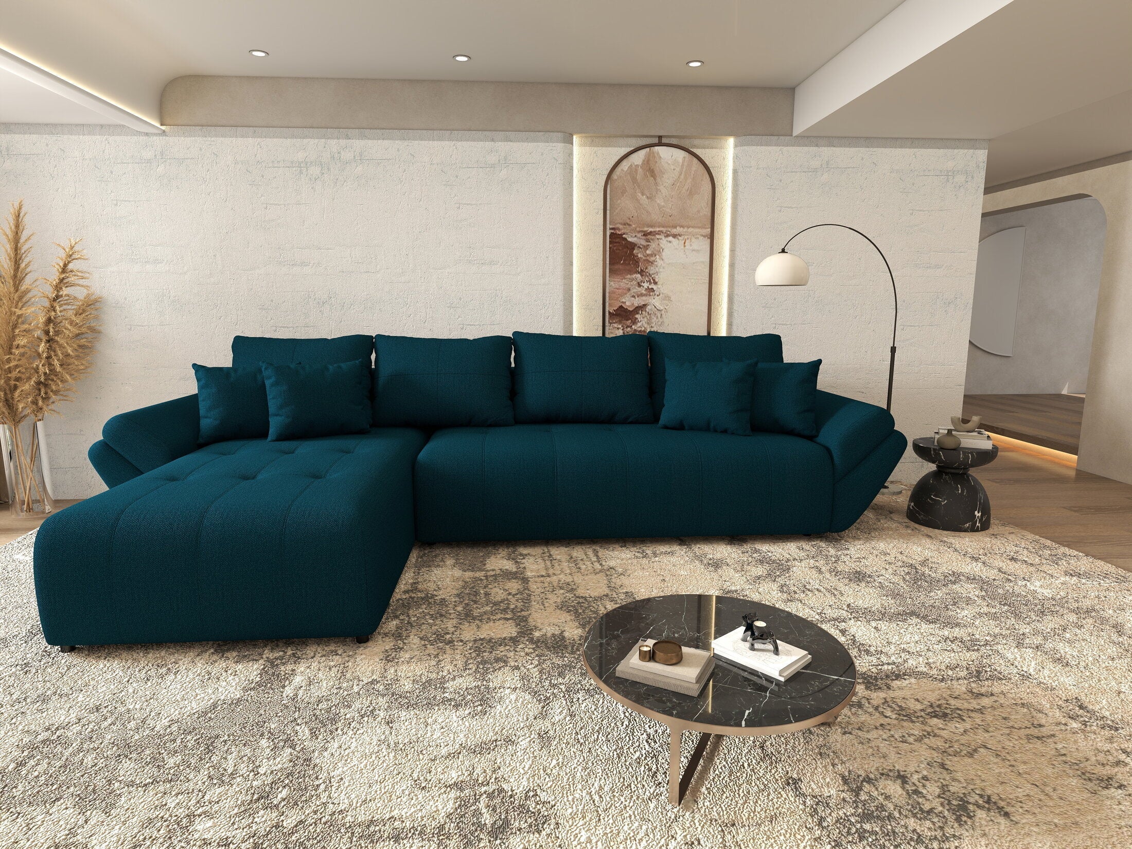 Colțar extensibil dumonde cu ladă de depozitare si sezut confortabil din spuma high-density, Berlin XL Enjoy Petrol 350x185 cm