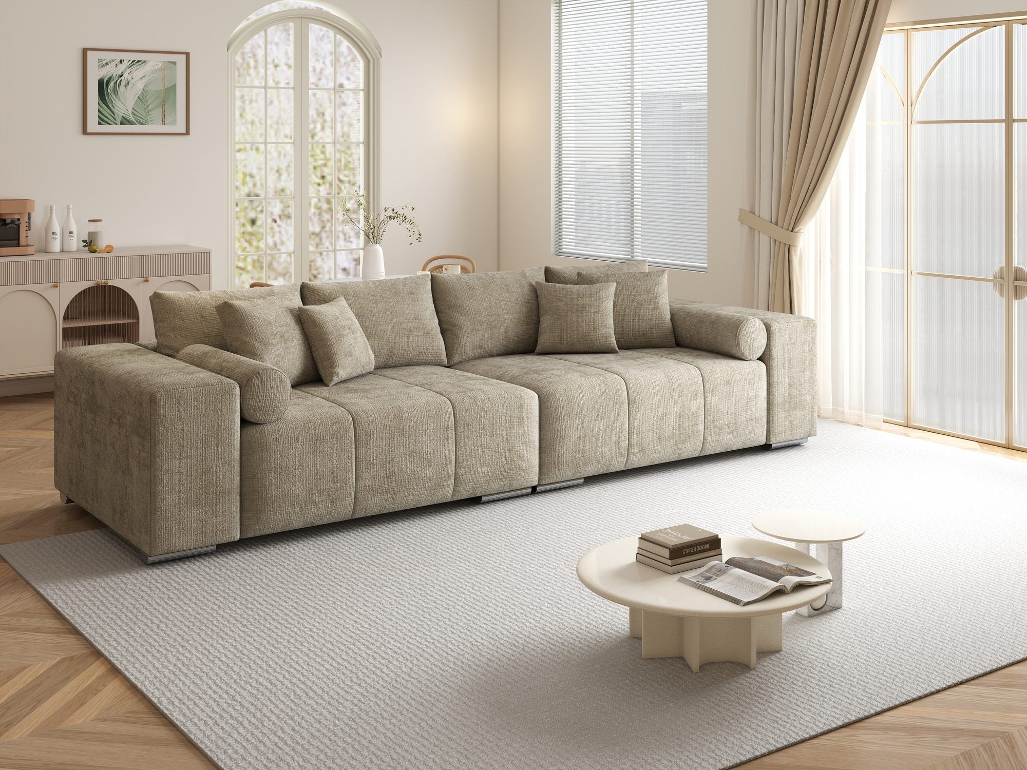 Canapea extensibilă dumonde cu ladă de depozitare si sezut confortabil din spuma high-density, Marbela XXL Cremona Bej 14 290x100 cm
