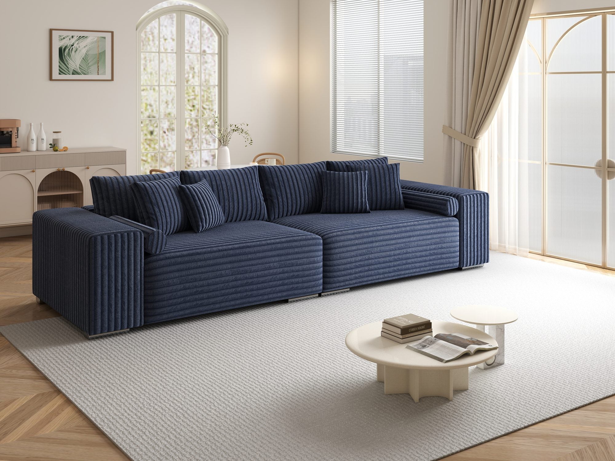Canapea extensibilă dumonde cu ladă de depozitare si sezut confortabil din spuma high-density, Marbela XXL Tilia Albastru 77 290x100 cm