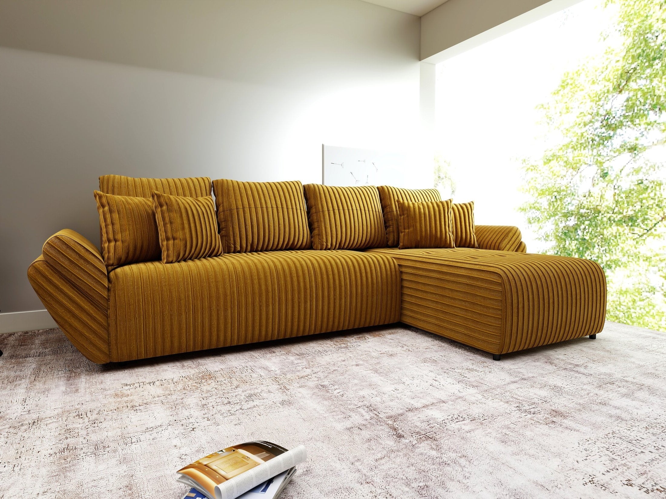 Colțar extensibil dumonde cu ladă de depozitare si sezut confortabil din spuma high-density, Berlin XL Ambience Mustar II 350x185 cm