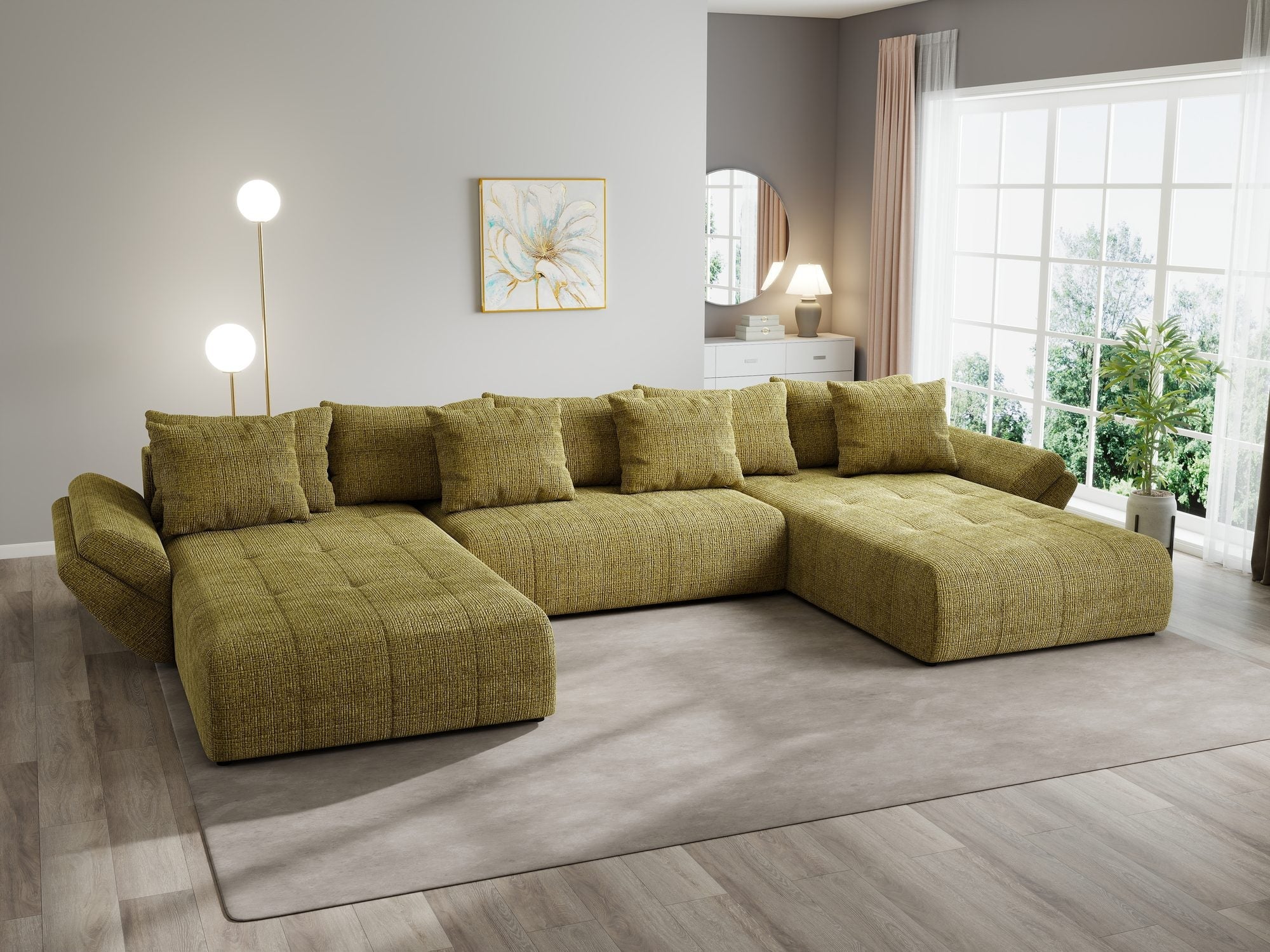 Colțar extensibil dumonde cu ladă de depozitare si sezut confortabil din spuma high-density, Berlin U Cremona Olive 38 380x180 cm