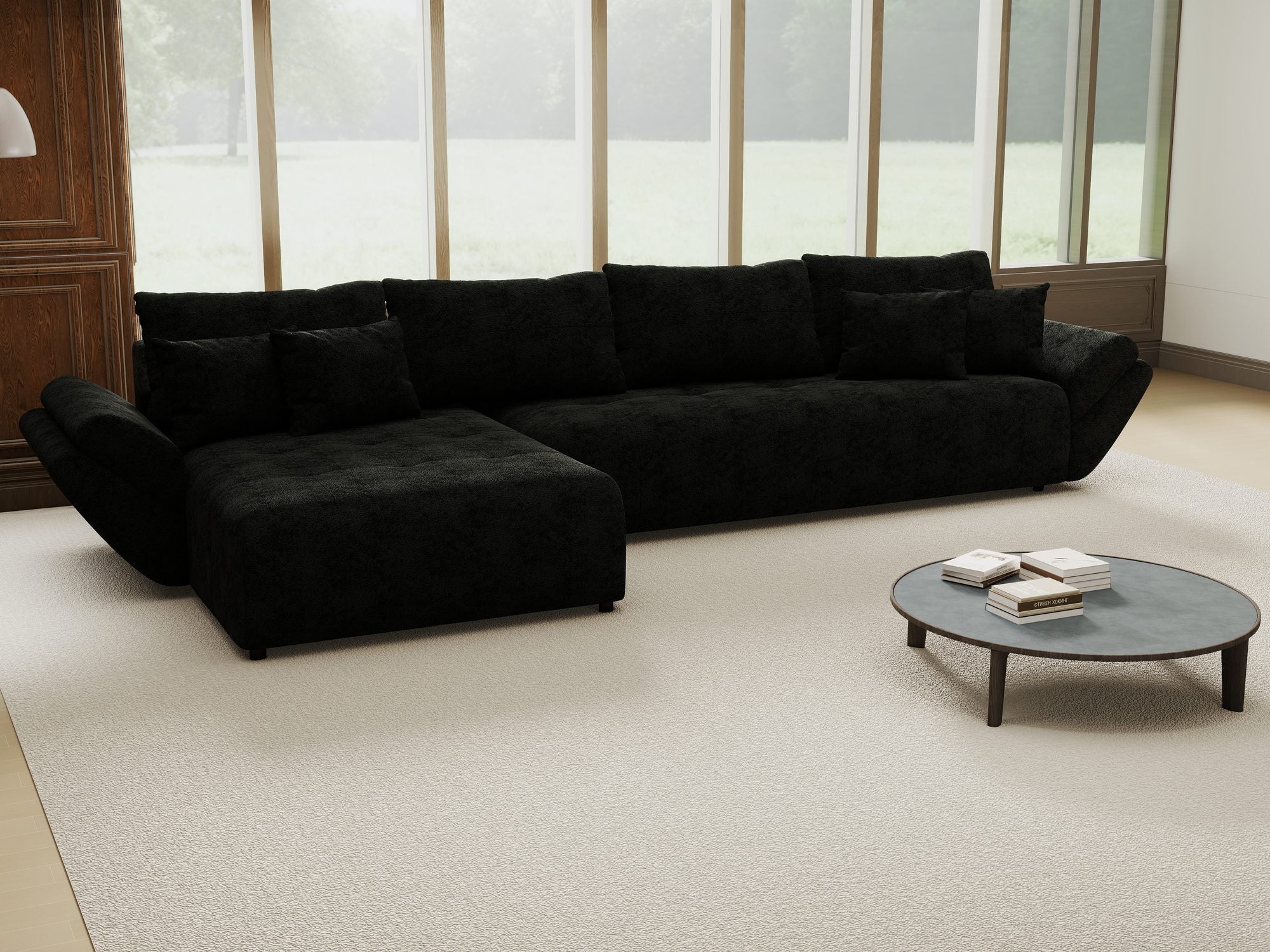 Colțar extensibil dumonde cu ladă de depozitare si sezut confortabil din spuma high-density, Berlin XL Quelle Negru 100 350x185 cm