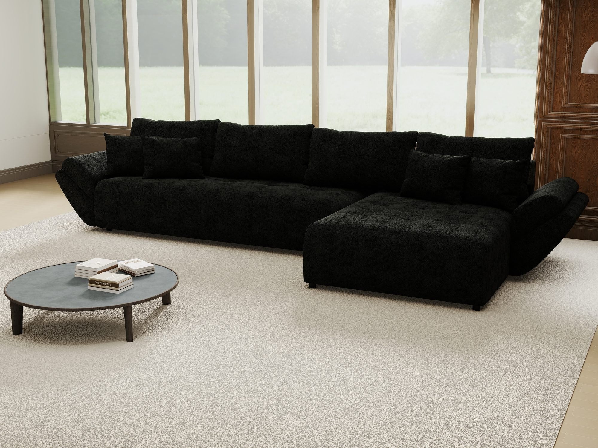 Colțar extensibil dumonde cu ladă de depozitare si sezut confortabil din spuma high-density, Berlin XL Quelle Negru 100 II 350x185 cm