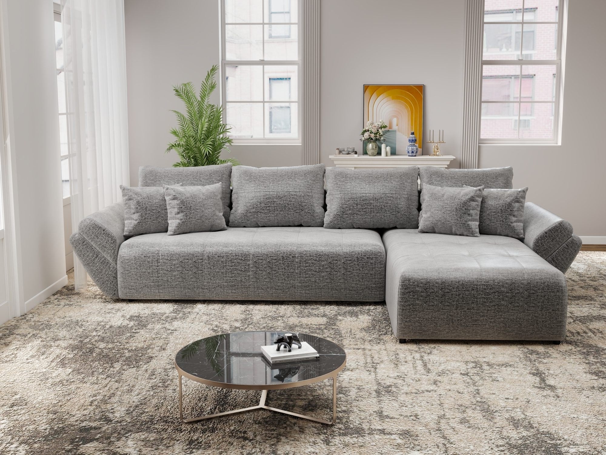 Colțar extensibil dumonde cu ladă de depozitare si sezut confortabil din spuma high-density, Berlin XL Monolith Gri 85 II 350x185 cm