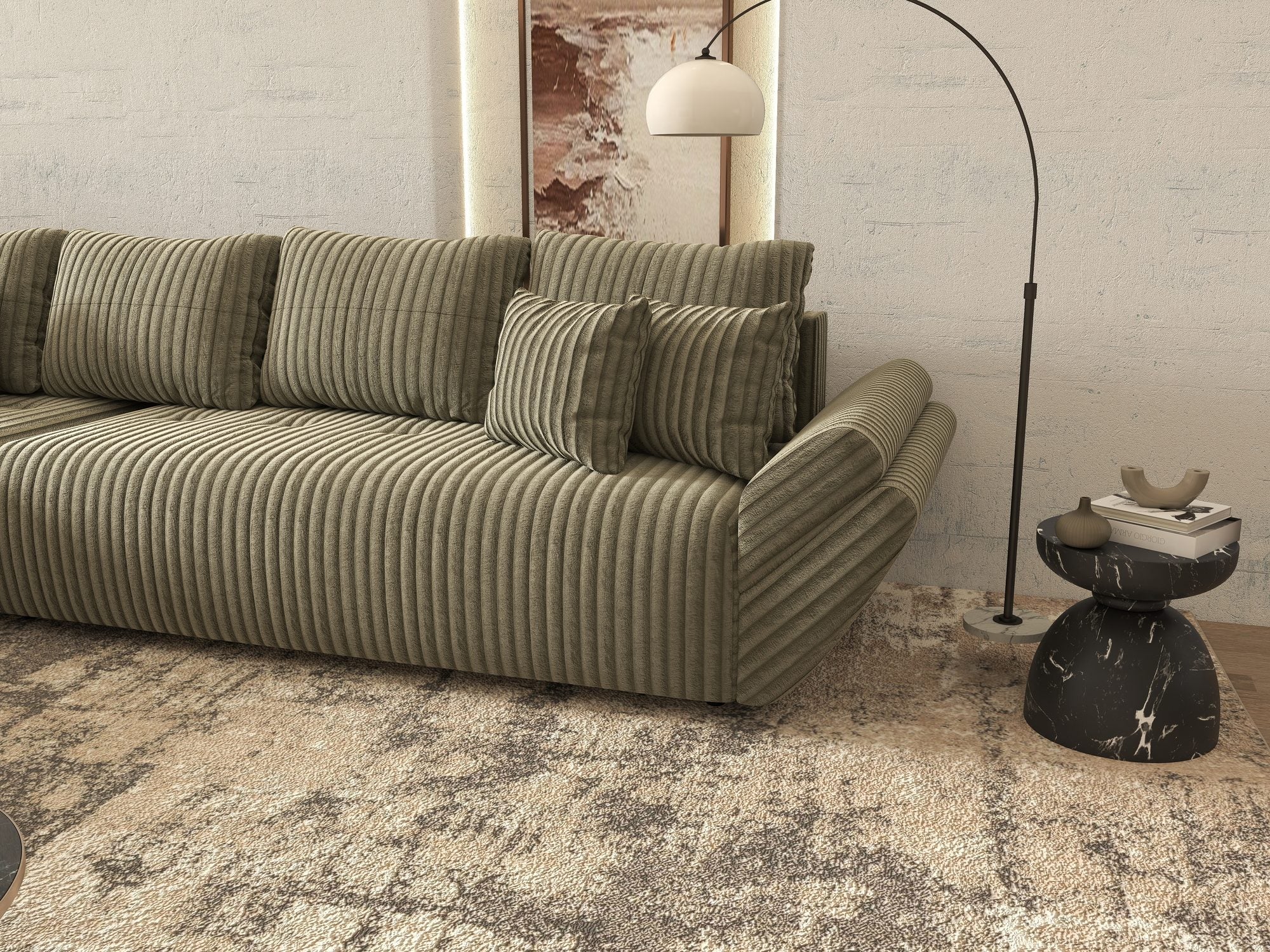 Colțar extensibil dumonde cu ladă de depozitare si sezut confortabil din spuma high-density, Berlin XL Tilia Verde Olive 37 350x185 cm