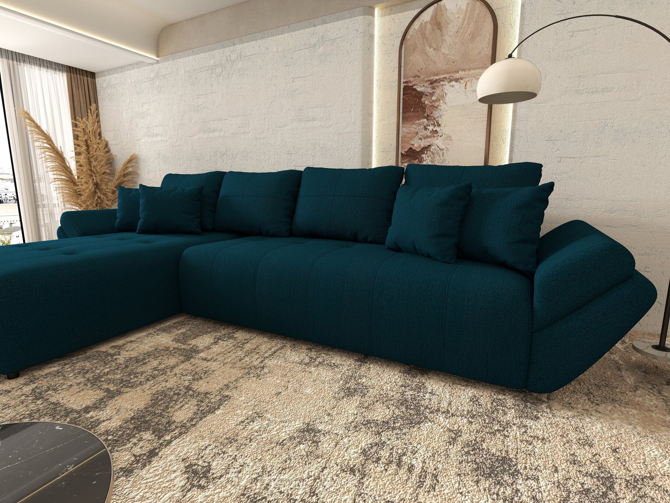Colțar extensibil dumonde cu ladă de depozitare si sezut confortabil din spuma high-density, Berlin XL Enjoy Petrol 350x185 cm