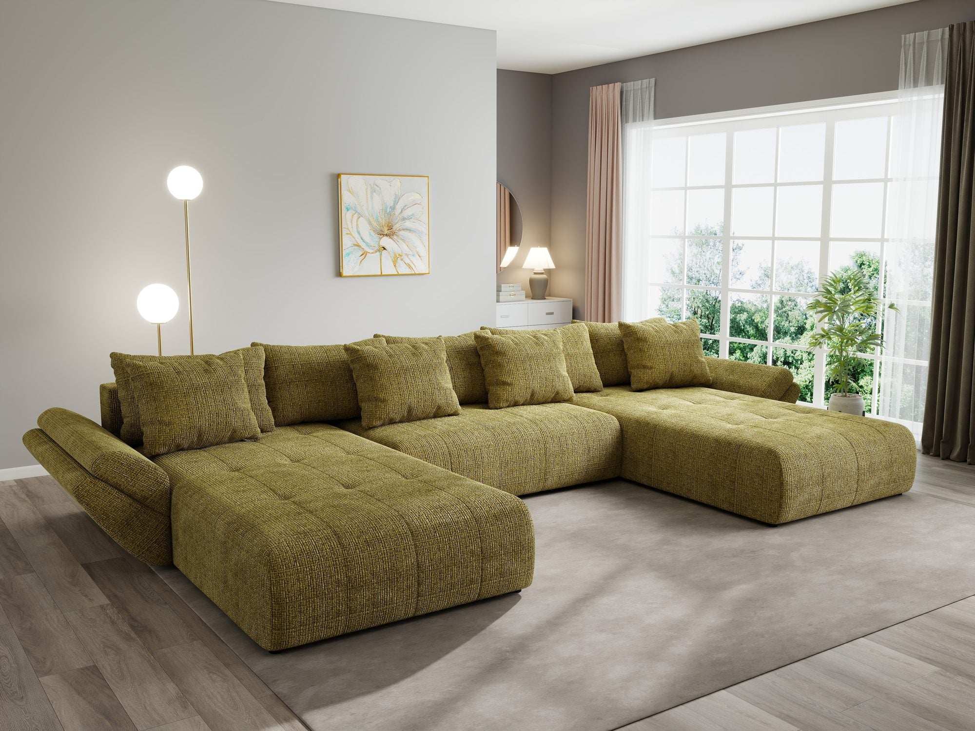 Colțar extensibil dumonde cu ladă de depozitare si sezut confortabil din spuma high-density, Berlin U Cremona Olive 38 380x180 cm