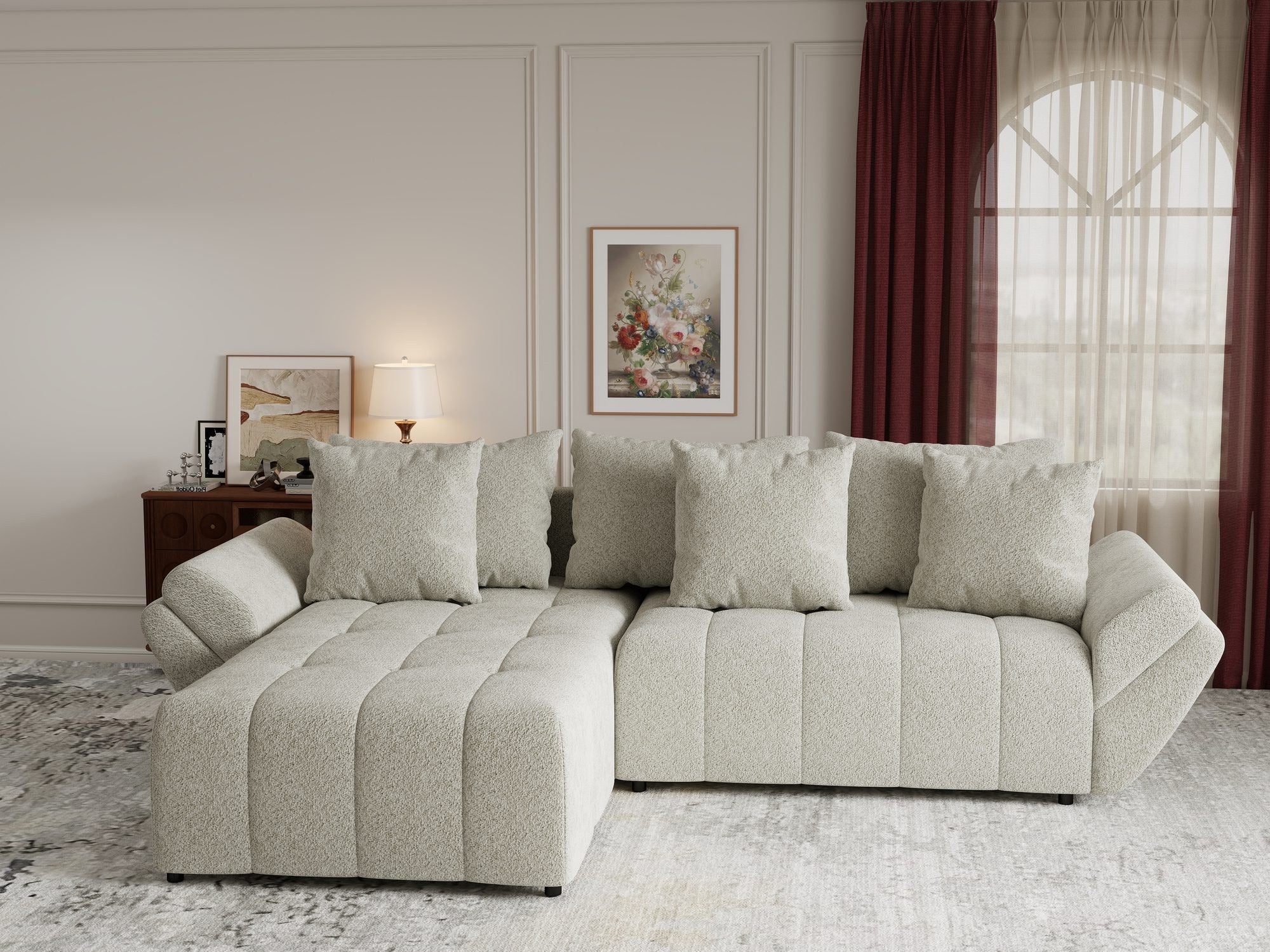 Colțar extensibil dumonde cu ladă de depozitare si sezut confortabil din spuma high-density, Berlin Arena Bej 20 280x185 cm