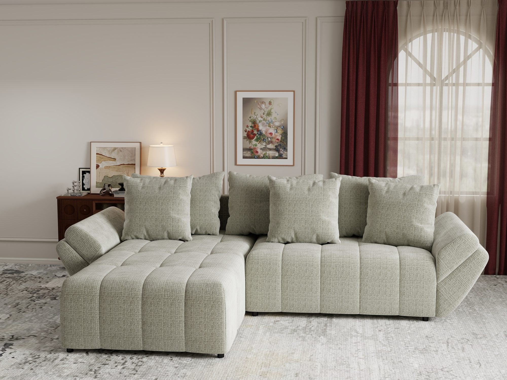 Colțar extensibil dumonde cu ladă de depozitare si sezut confortabil din spuma high-density, Berlin Cremona Bej 04 280x185 cm