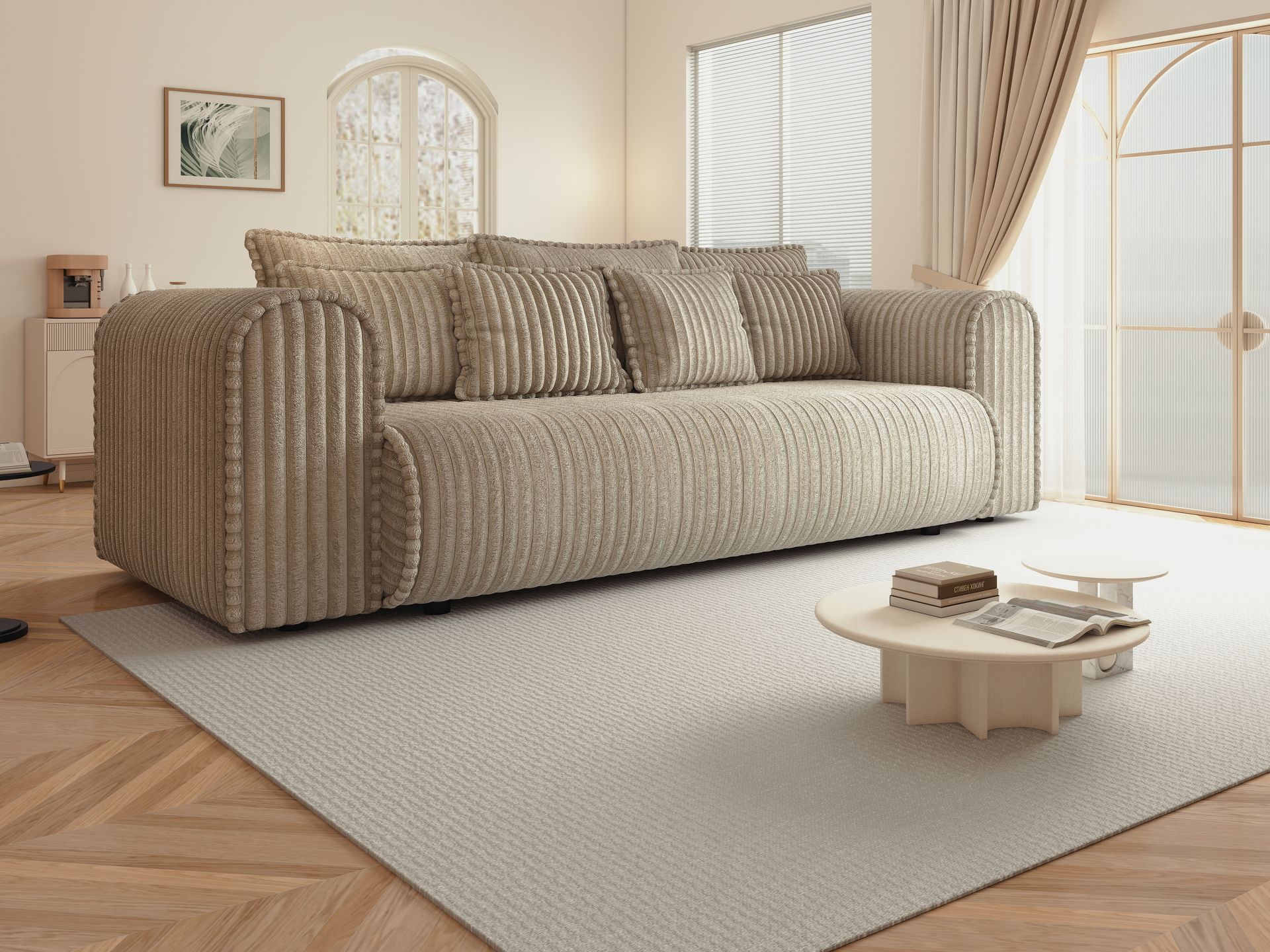 Canapea extensibilă dumonde cu ladă de depozitare si sezut confortabil din spuma high-density, Monaco Mica Tilia Bej 240x100 cm