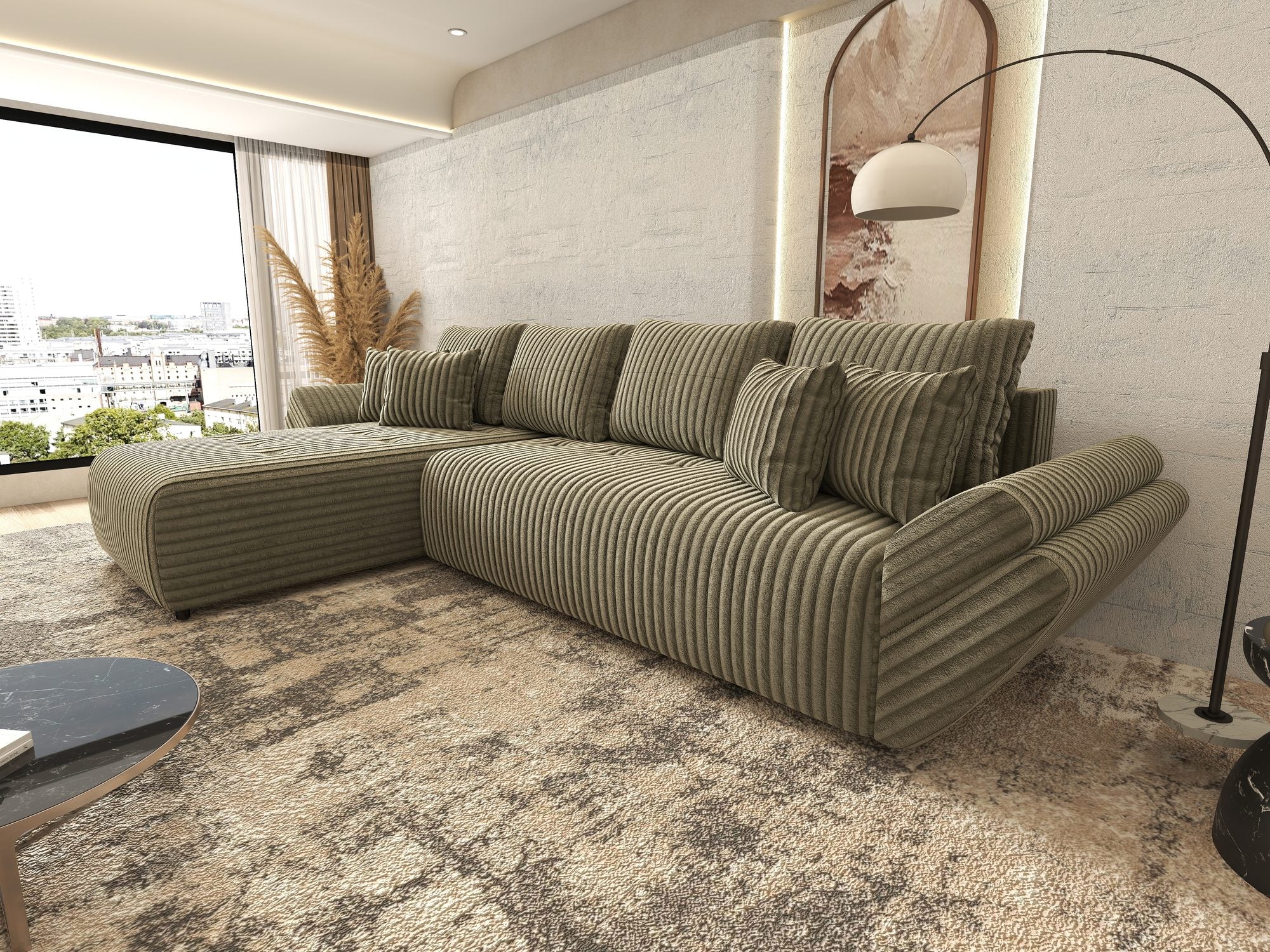Colțar extensibil dumonde cu ladă de depozitare si sezut confortabil din spuma high-density, Berlin XL Tilia Verde Olive 37 350x185 cm