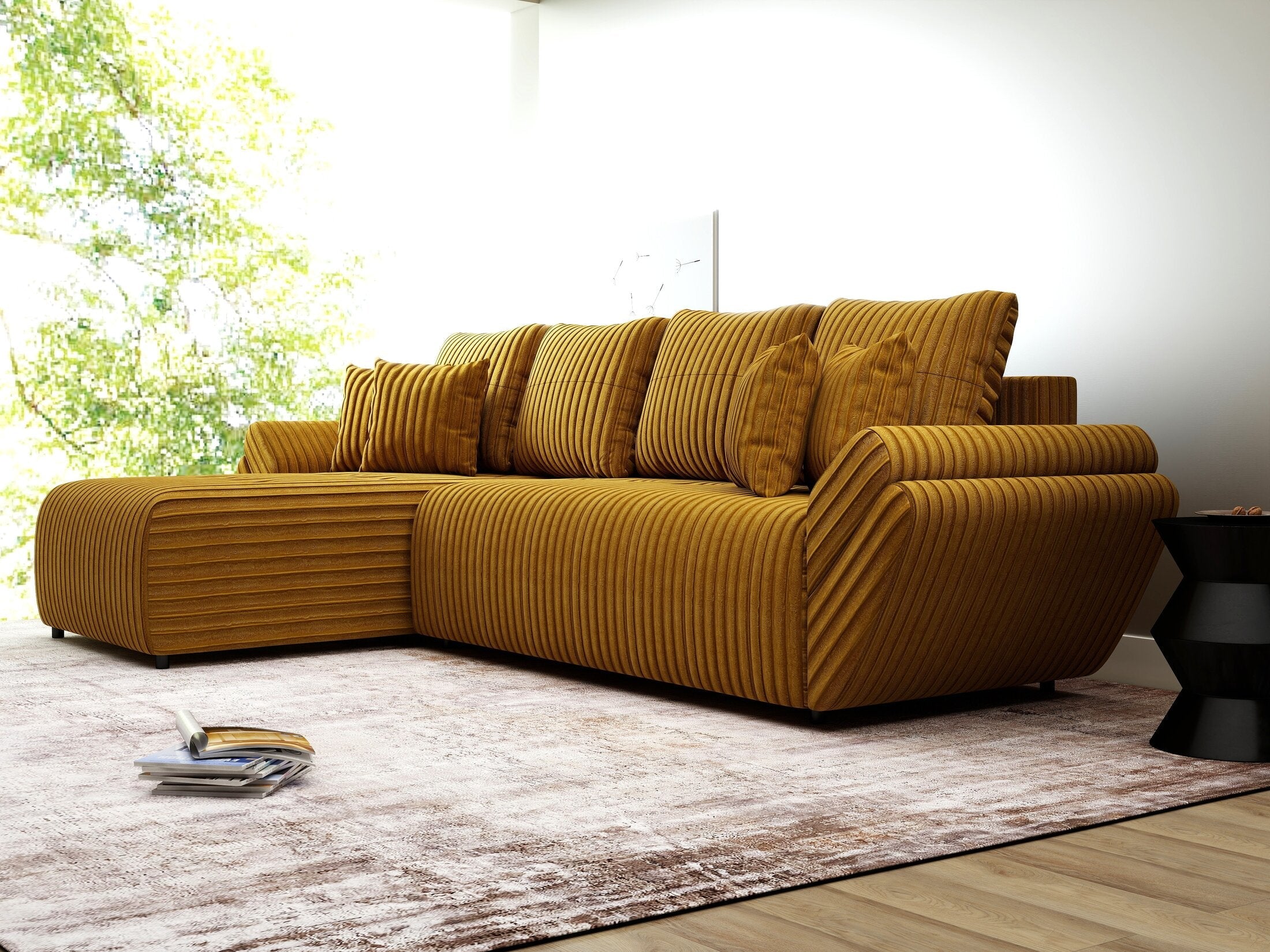 Colțar extensibil dumonde cu ladă de depozitare si sezut confortabil din spuma high-density, Berlin XL Ambience Mustar 350x185 cm