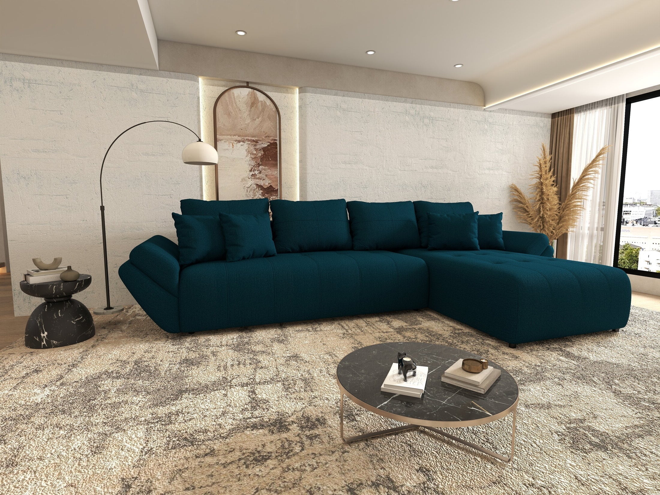 Colțar extensibil dumonde cu ladă de depozitare si sezut confortabil din spuma high-density, Berlin XL Enjoy Petrol 350x185 cm II