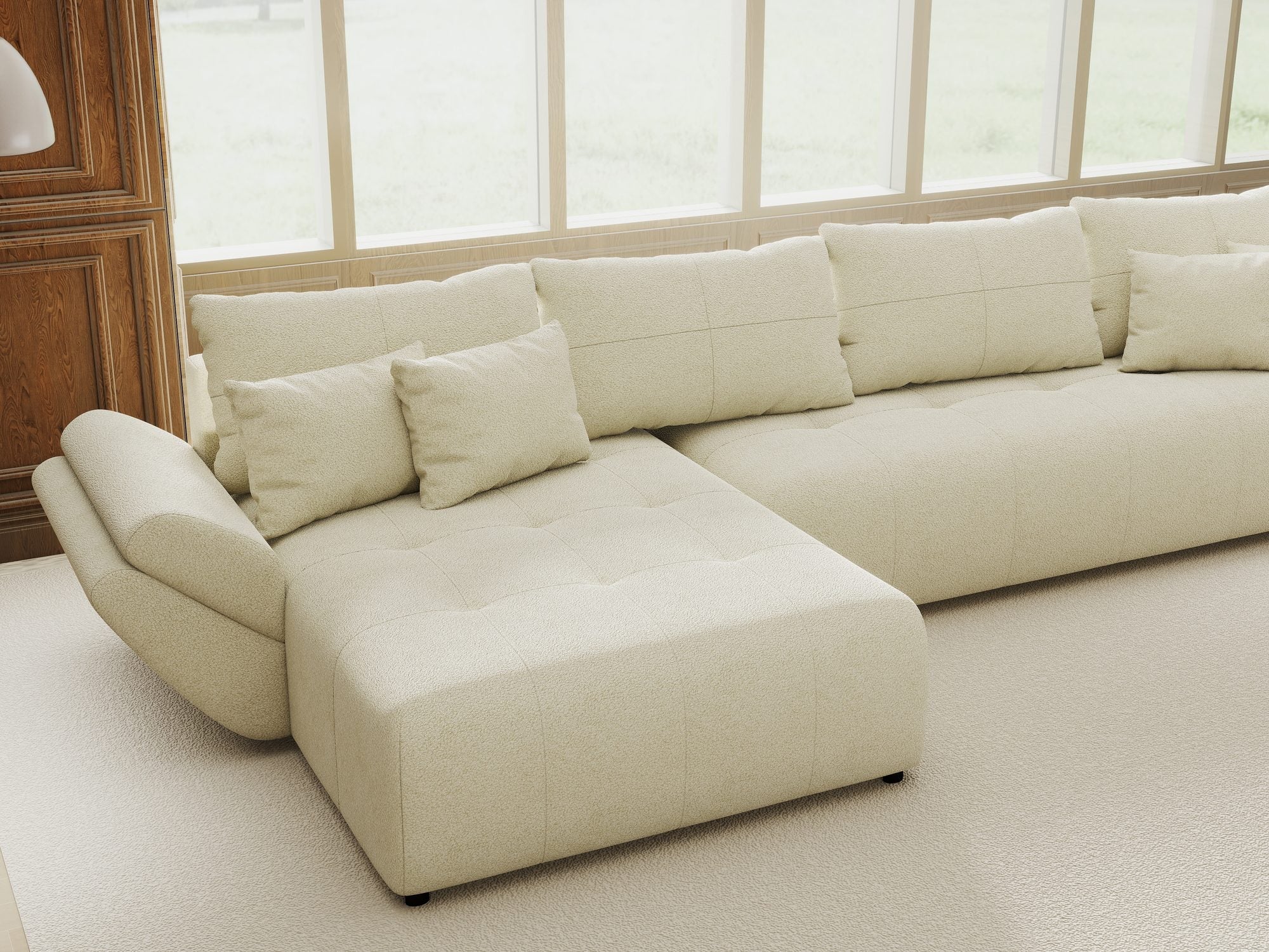 Colțar extensibil dumonde cu ladă de depozitare si sezut confortabil din spuma high-density, Berlin XL Quelle Bej 02 350x185 cm