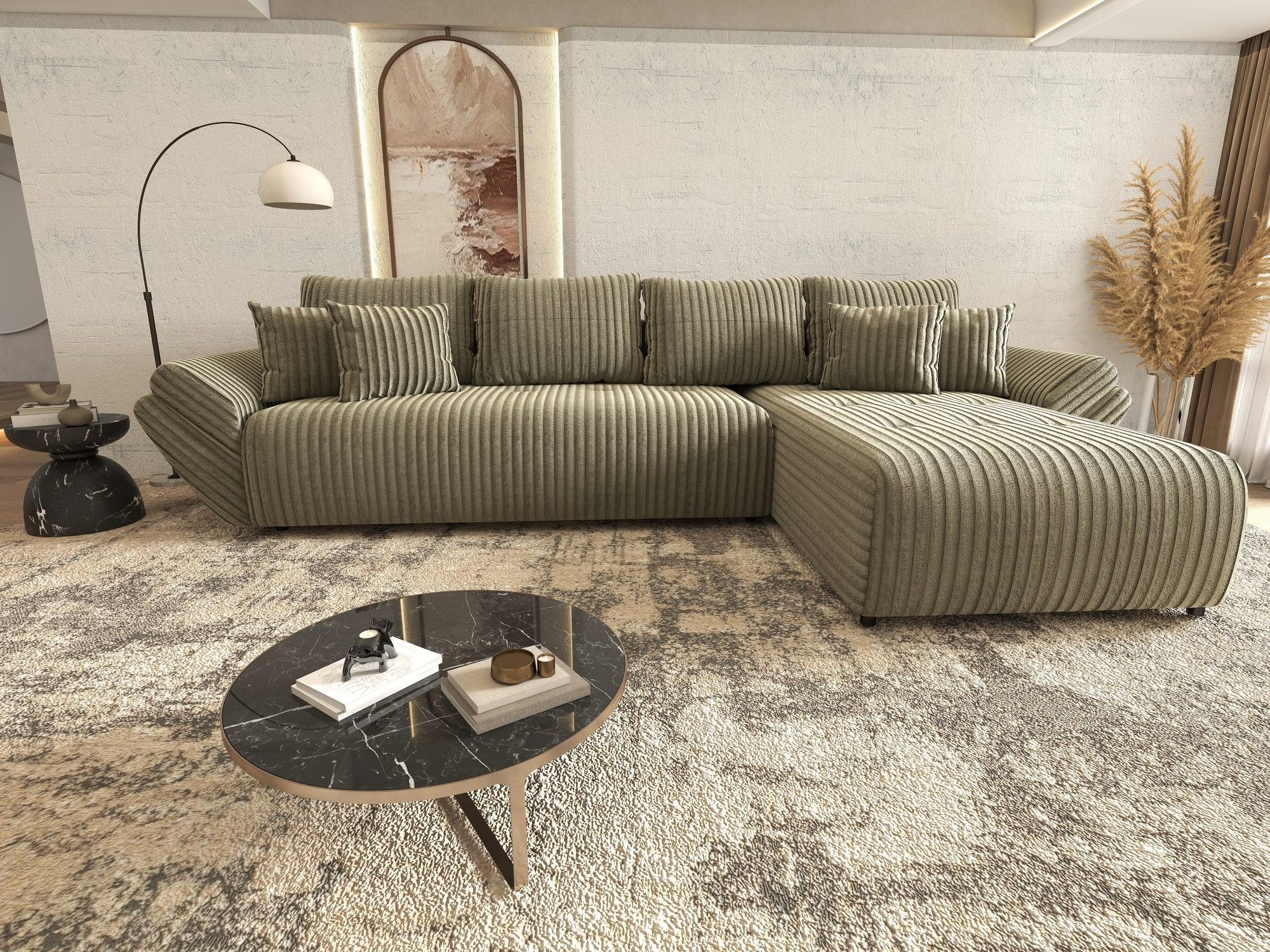 Colțar extensibil dumonde cu ladă de depozitare si sezut confortabil din spuma high-density, Berlin XL Tilia Verde Olive 37 II 350x185 cm