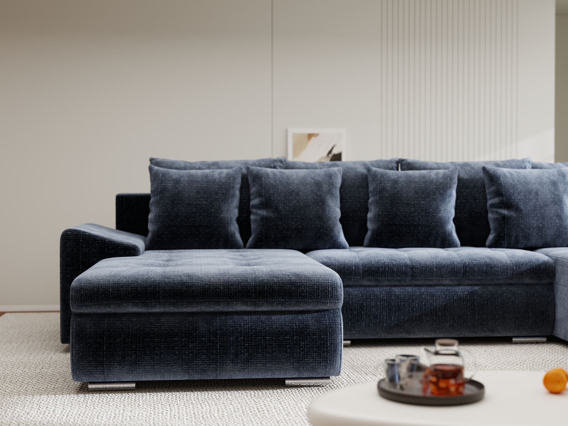 Colțar extensibil dumonde cu ladă de depozitare si sezut confortabil din spuma high-density, Leonardo U Cremona Albastru 79 360x185 cm