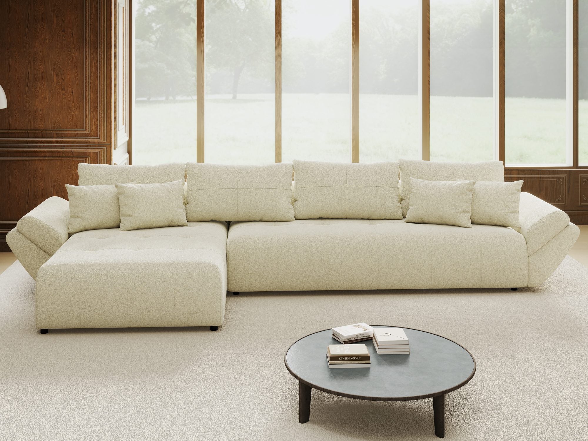 Colțar extensibil dumonde cu ladă de depozitare si sezut confortabil din spuma high-density, Berlin XL Quelle Bej 02 350x185 cm