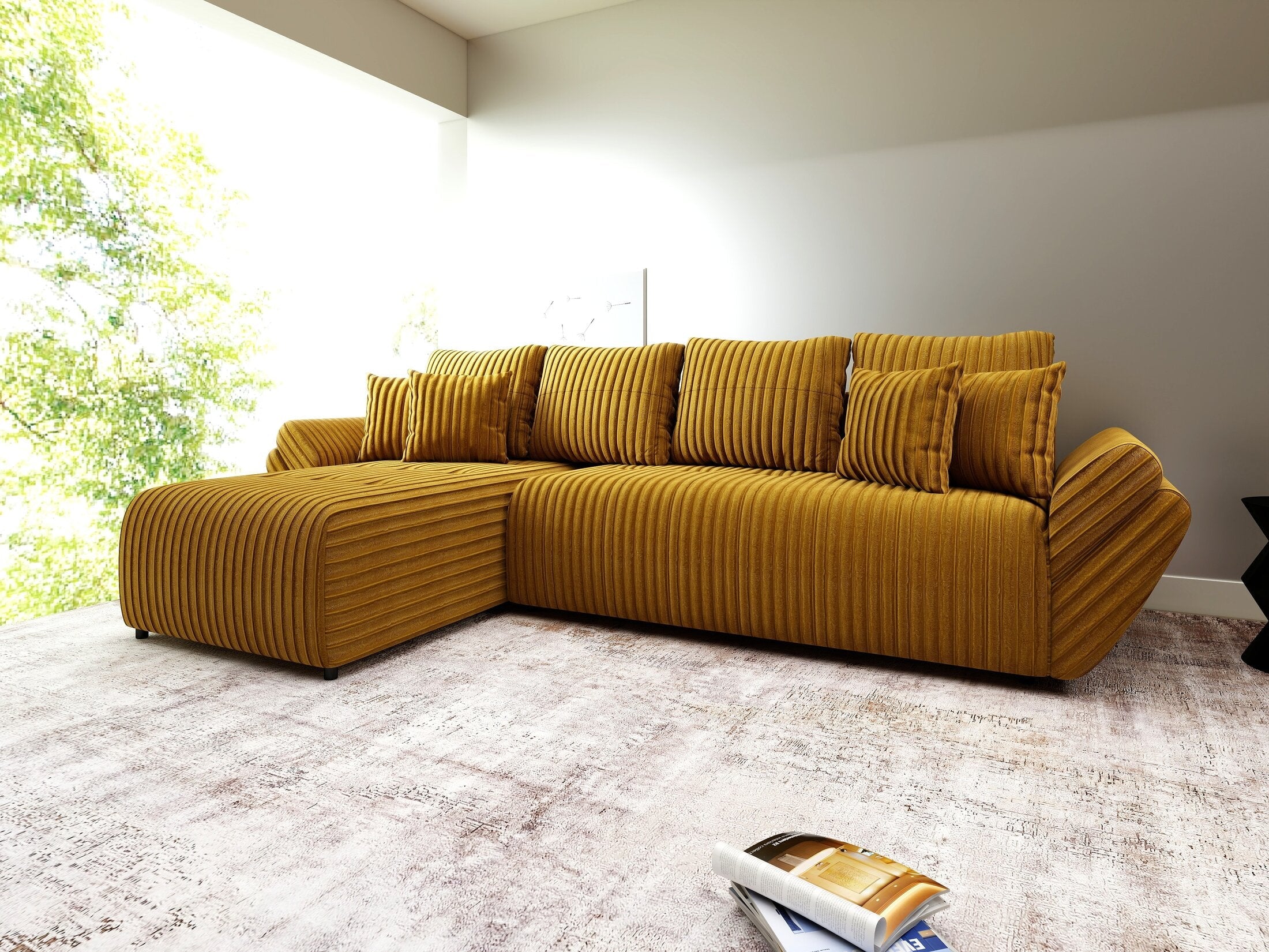 Colțar extensibil dumonde cu ladă de depozitare si sezut confortabil din spuma high-density, Berlin XL Ambience Mustar 350x185 cm