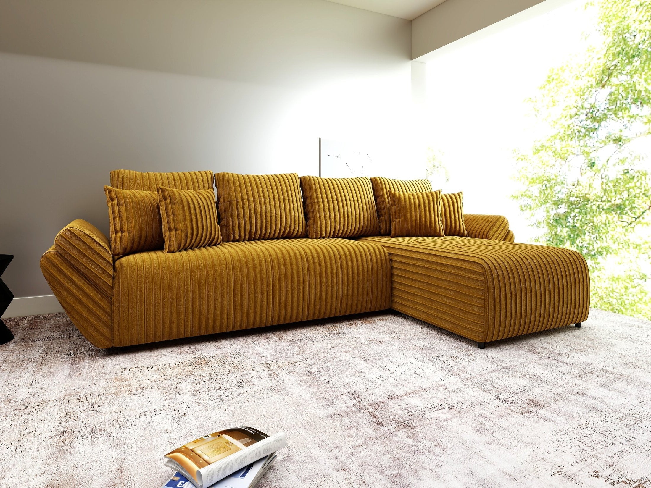 Colțar extensibil dumonde cu ladă de depozitare si sezut confortabil din spuma high-density, Berlin XL Ambience Mustar II 350x185 cm