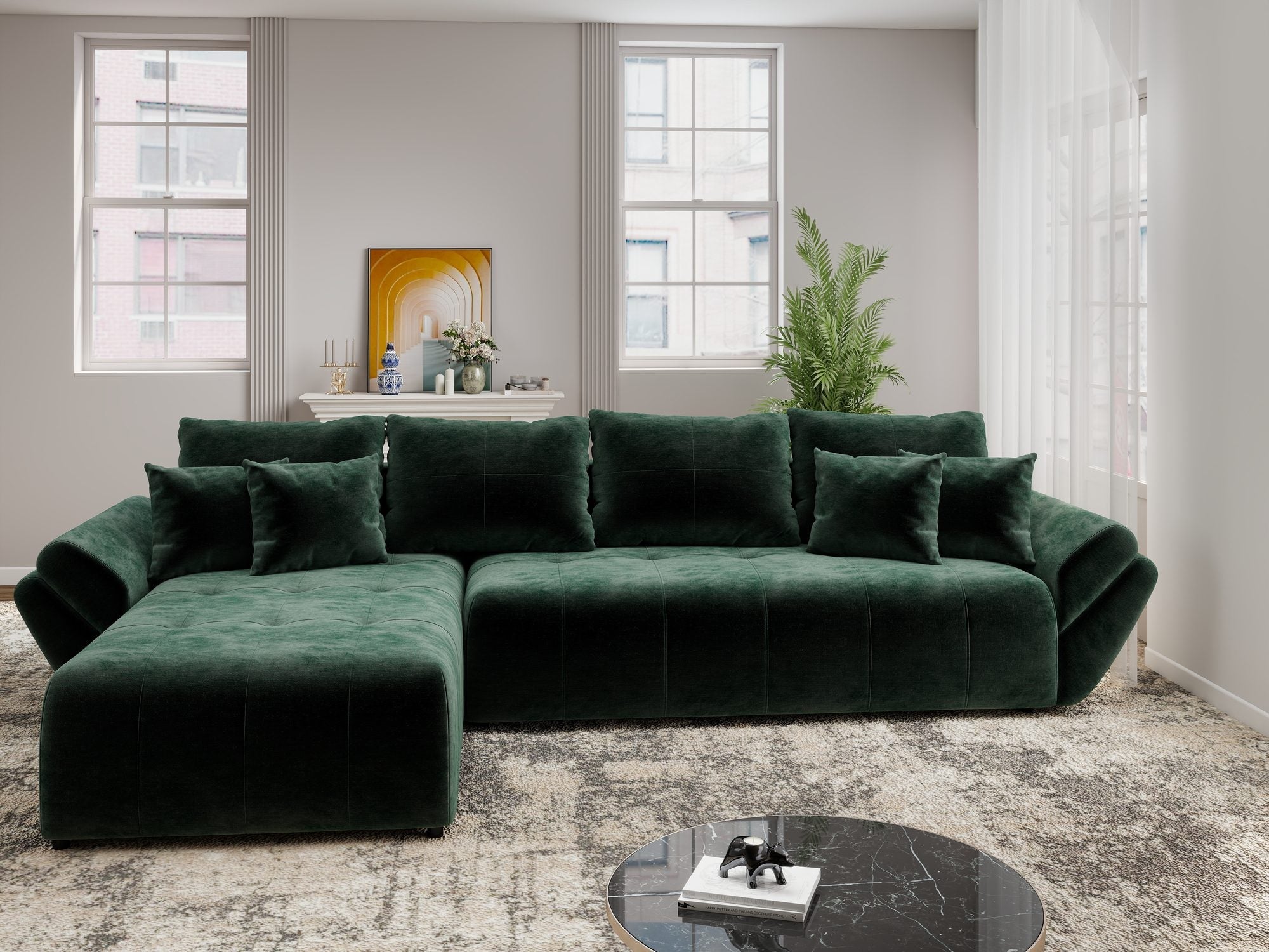 Colțar extensibil dumonde cu ladă de depozitare si sezut confortabil din spuma high-density, Berlin XL Monolith Verde 37 350x185 cm