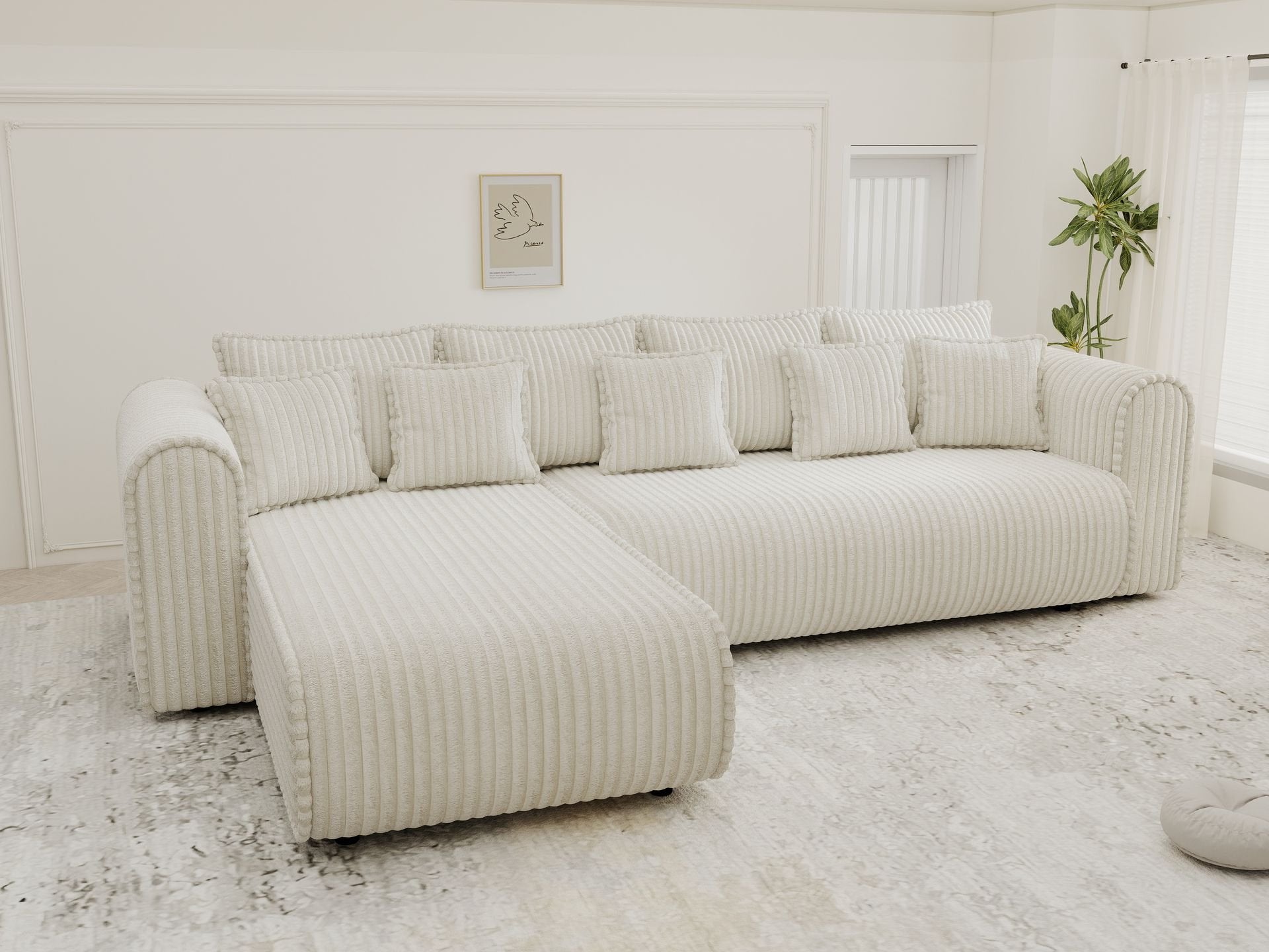 Colțar extensibil dumonde cu ladă de depozitare si sezut confortabil din spuma high-density, Monaco XL Tilia Crem 340x185 cm
