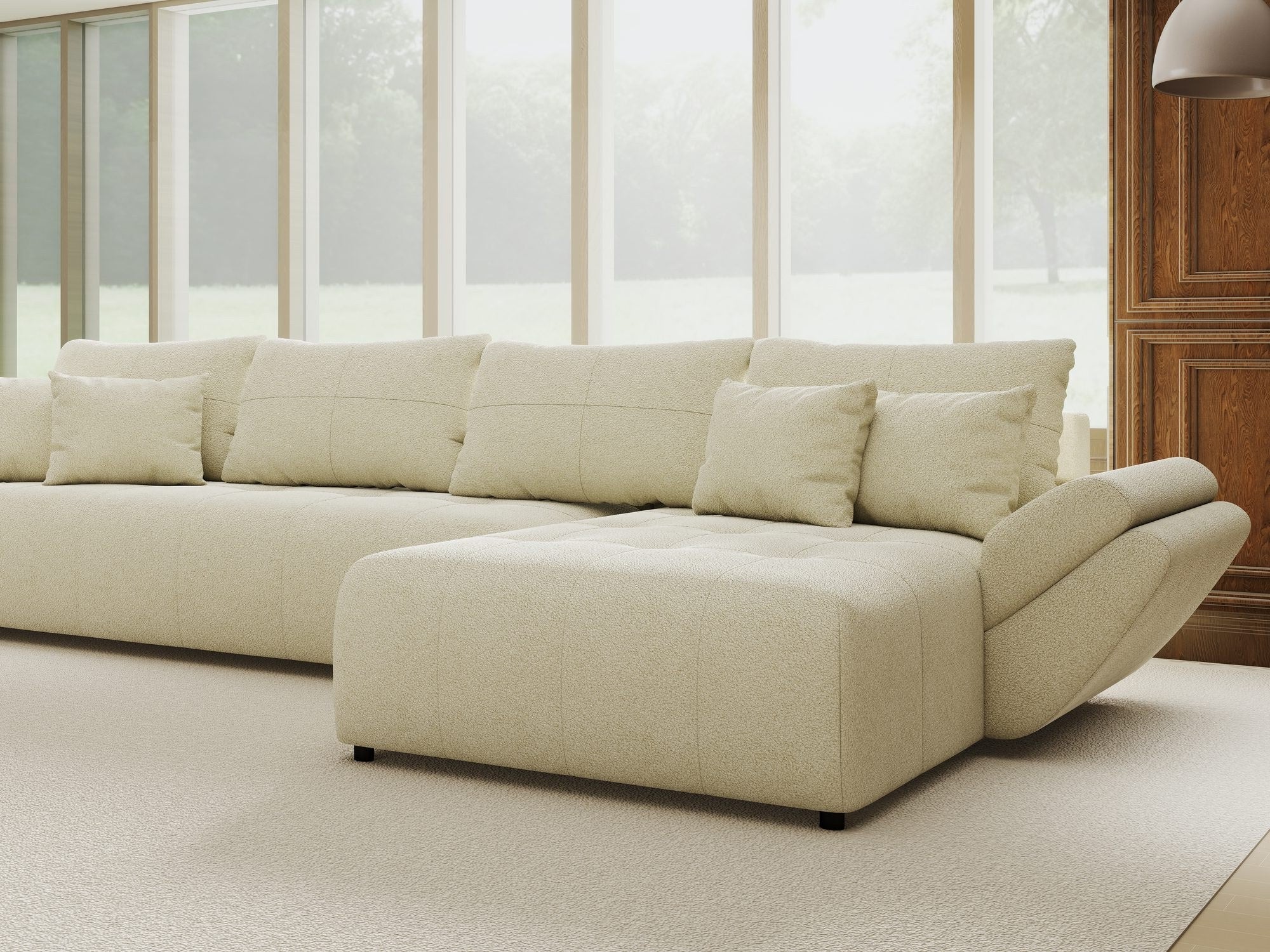Colțar extensibil dumonde cu ladă de depozitare si sezut confortabil din spuma high-density, Berlin XL Quelle Bej 02 II 350x185 cm