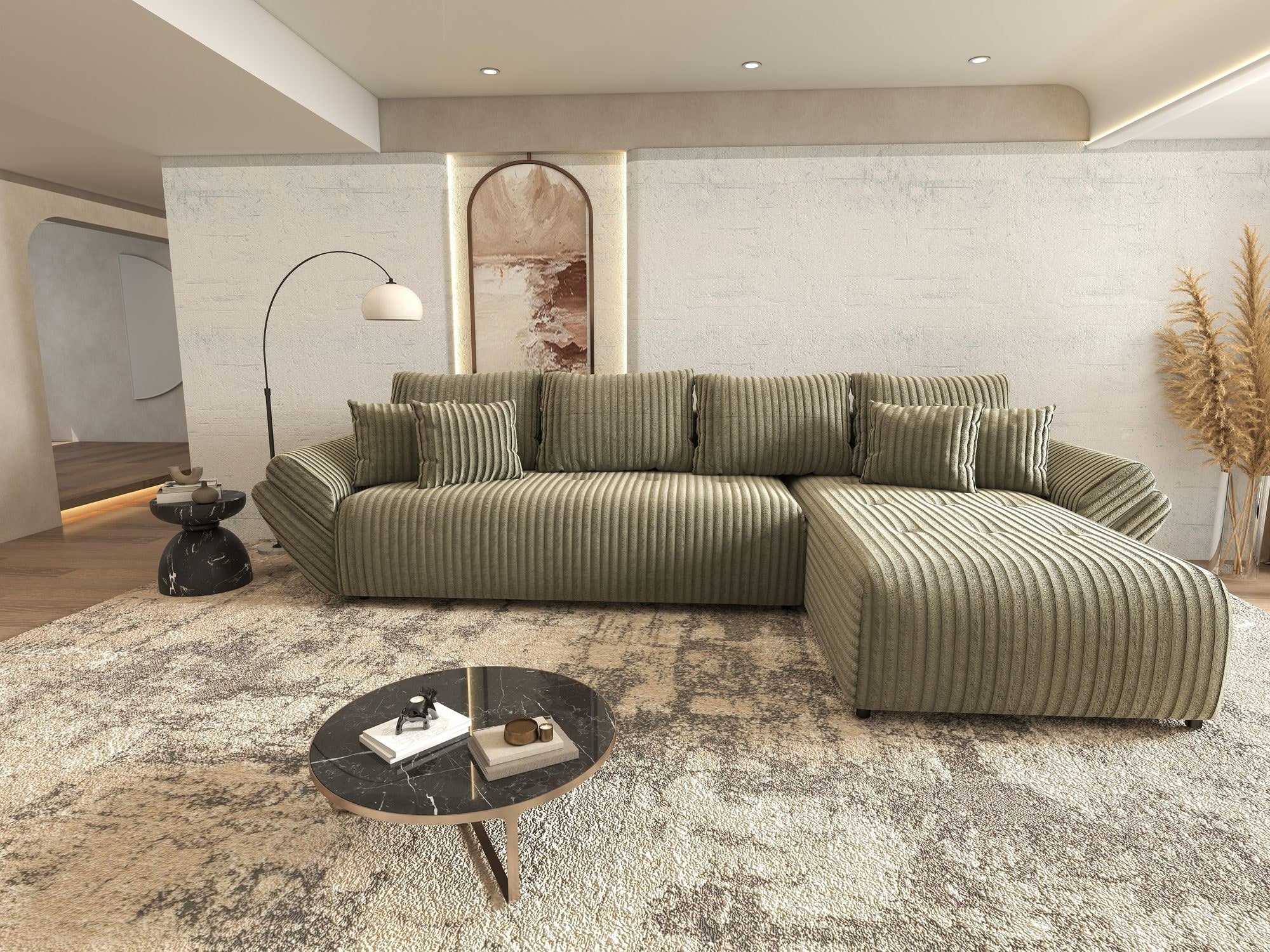 Colțar extensibil dumonde cu ladă de depozitare si sezut confortabil din spuma high-density, Berlin XL Tilia Verde Olive 37 II 350x185 cm