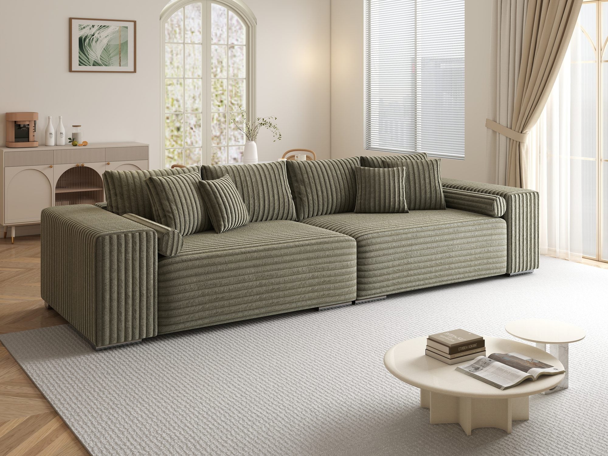 Canapea extensibilă dumonde cu ladă de depozitare si sezut confortabil din spuma high-density, Marbela XXL Tilia Verde Olive 37 290x100 cm