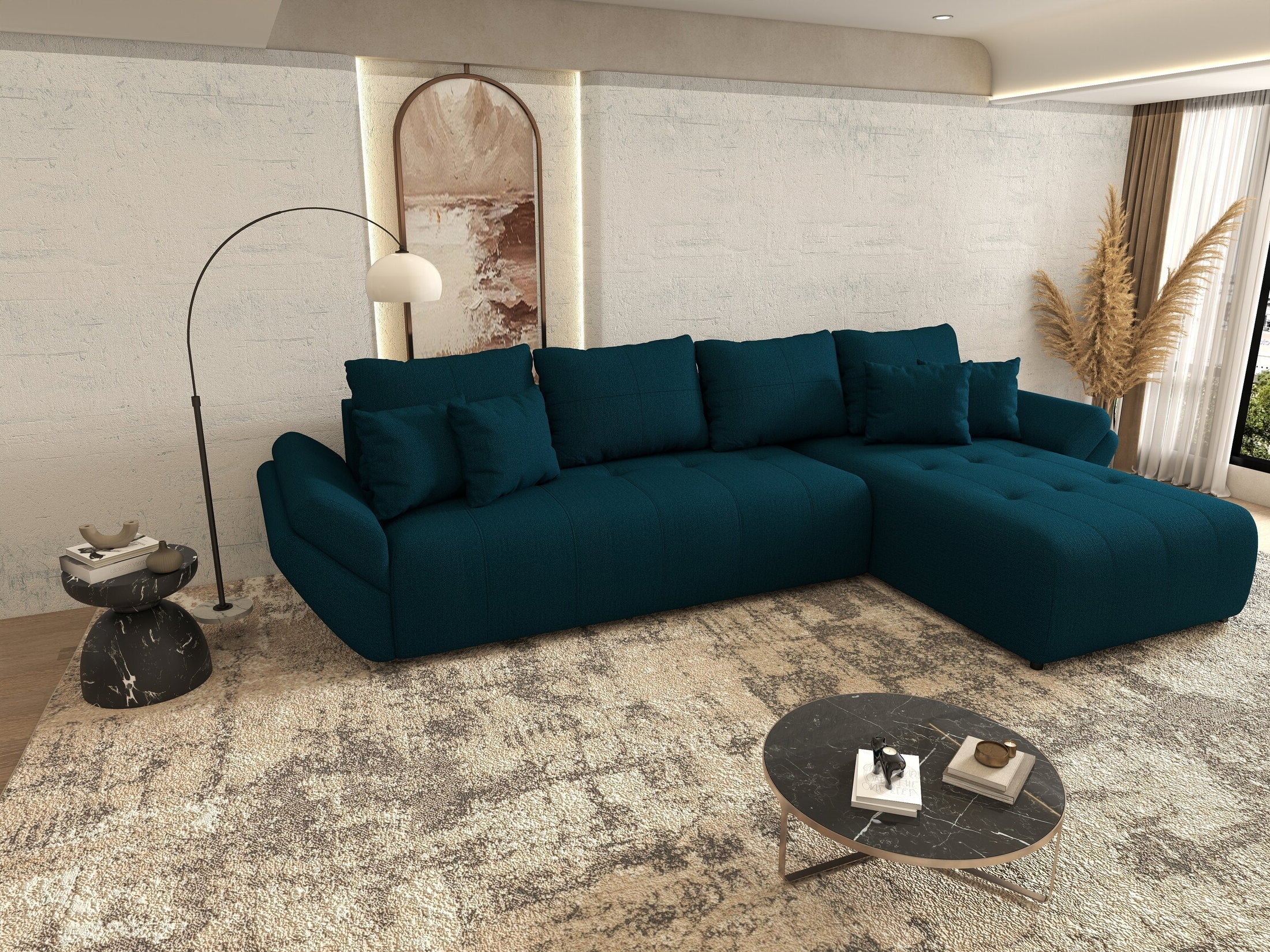Colțar extensibil dumonde cu ladă de depozitare si sezut confortabil din spuma high-density, Berlin XL Enjoy Petrol 350x185 cm II