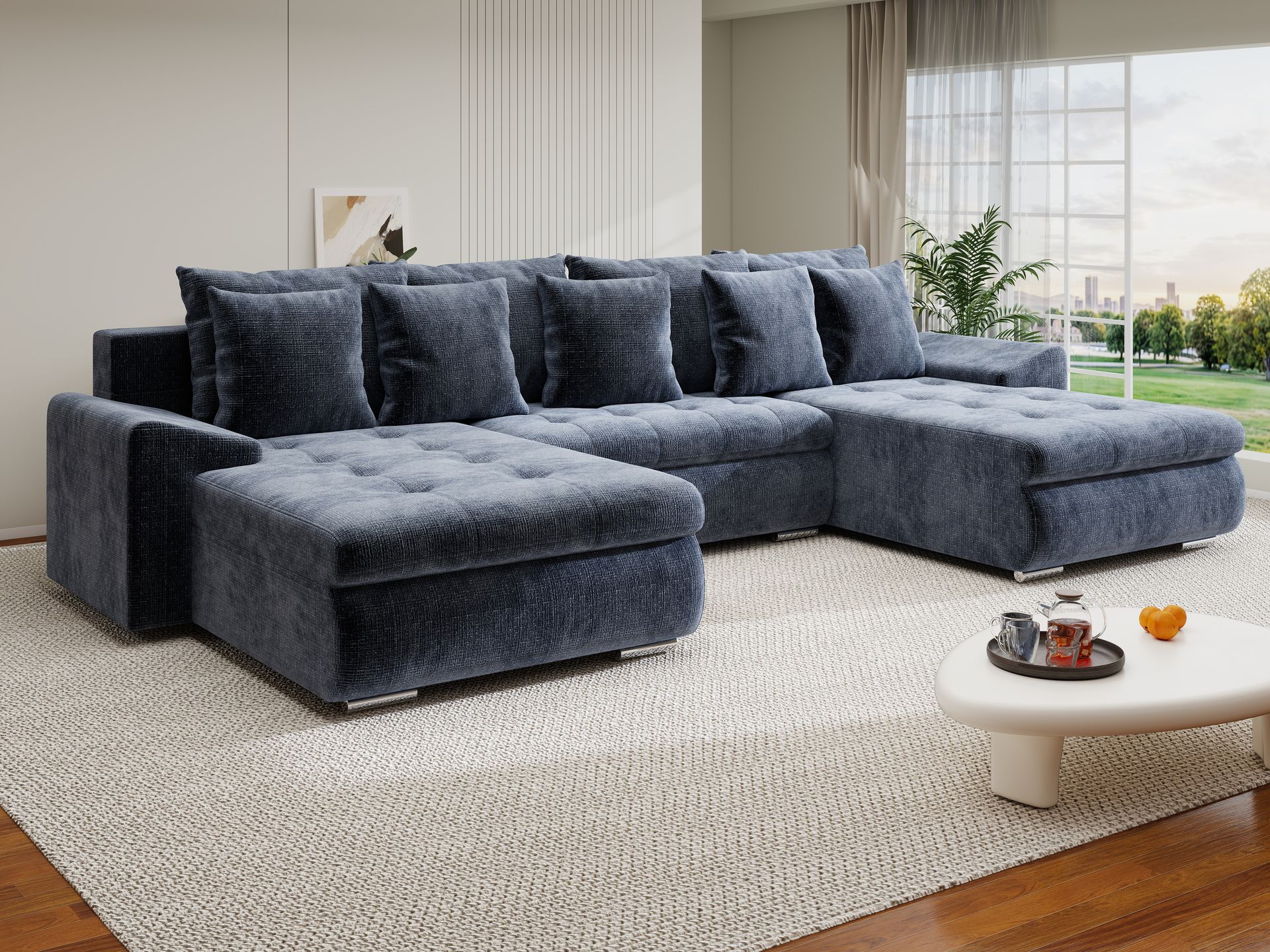 Colțar extensibil dumonde cu ladă de depozitare si sezut confortabil din spuma high-density, Leonardo U Cremona Albastru 79 360x185 cm