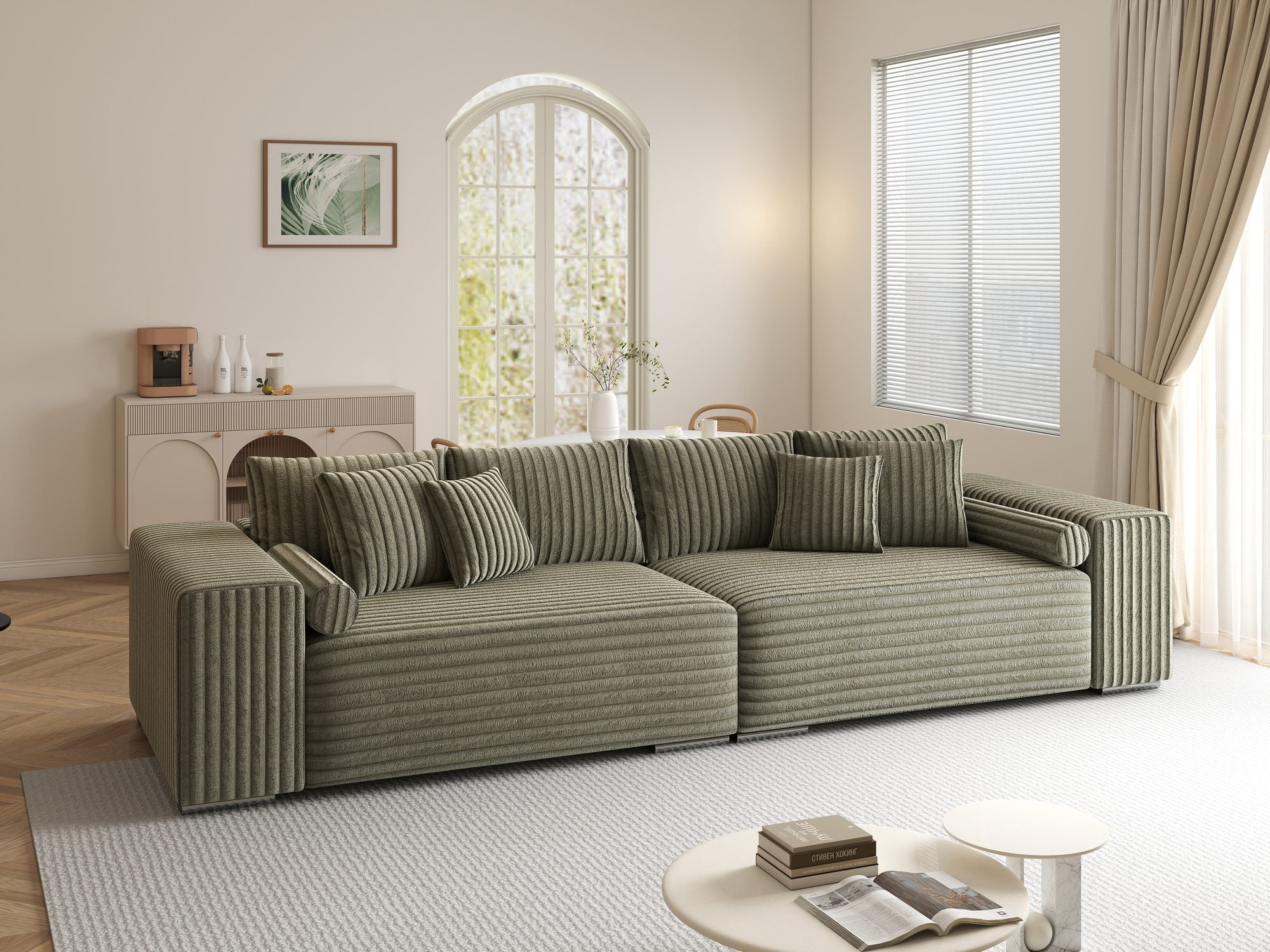 Canapea extensibilă dumonde cu ladă de depozitare si sezut confortabil din spuma high-density, Marbela XXL Tilia Verde Olive 37 290x100 cm