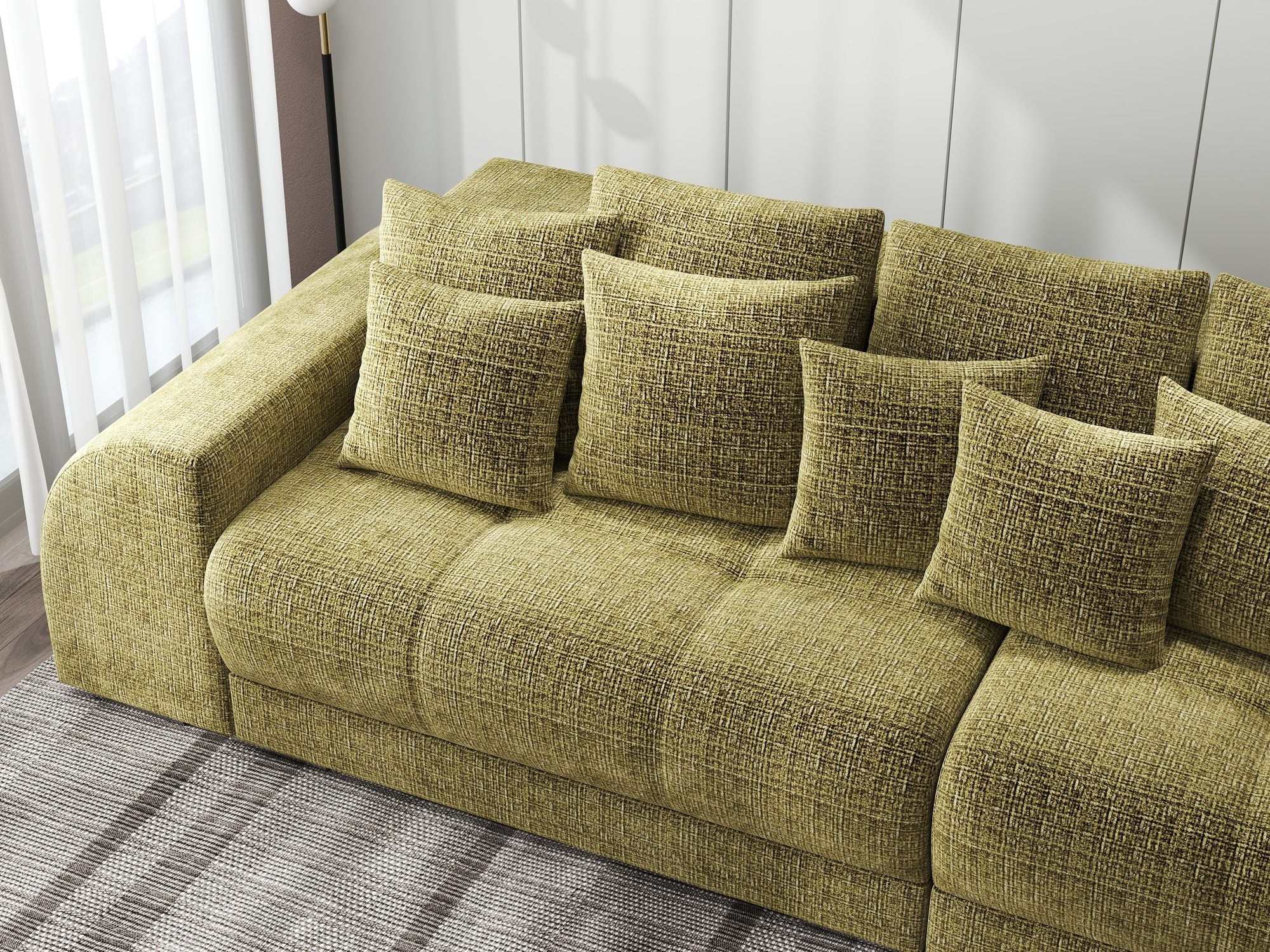 Canapea extensibilă dumonde cu 2 lăzi de depozitare si sezut confortabil din spuma high-density, Verona Cremona Olive 38 310x100 cm