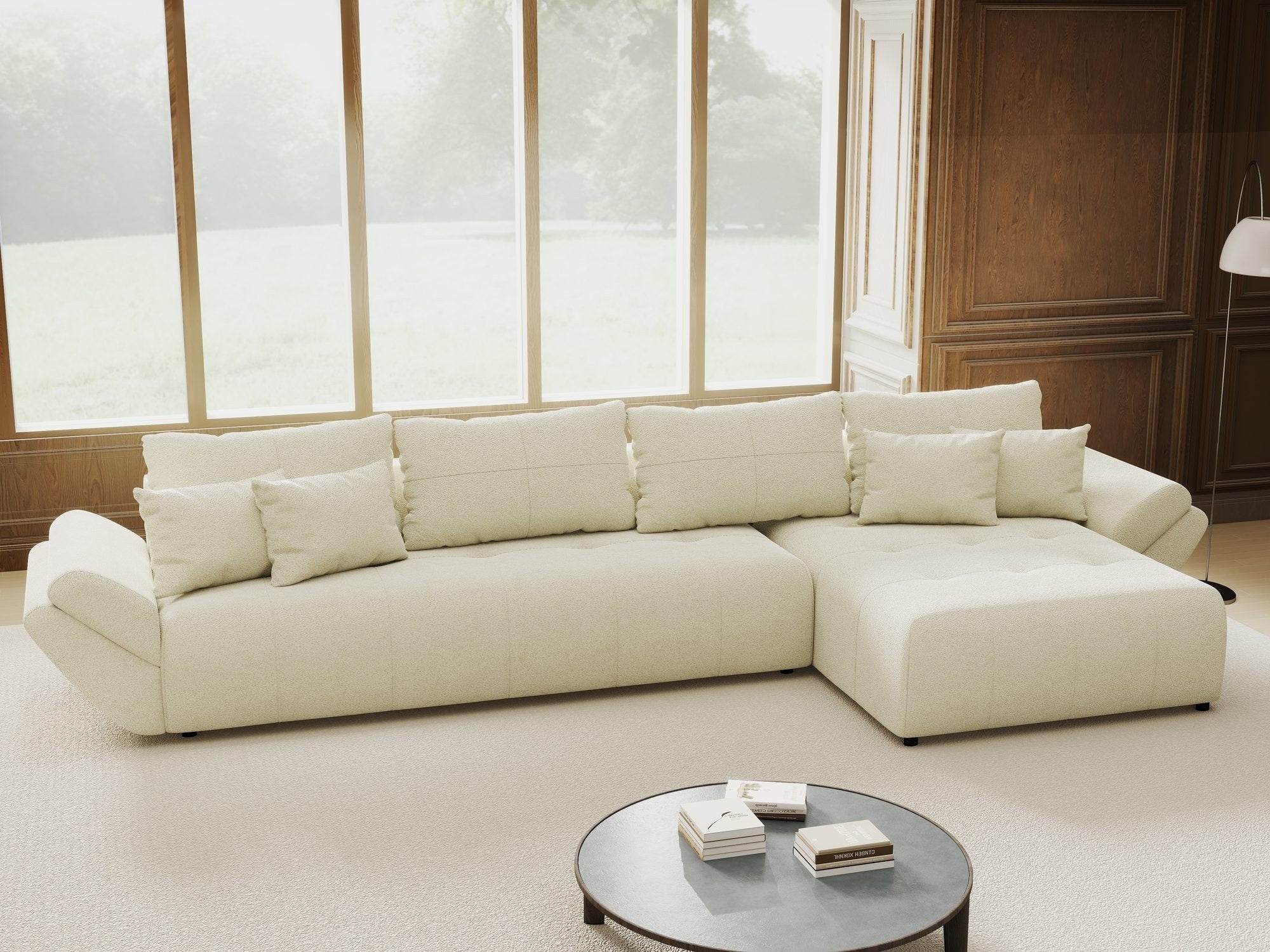 Colțar extensibil dumonde cu ladă de depozitare si sezut confortabil din spuma high-density, Berlin XL Quelle Bej 02 II 350x185 cm