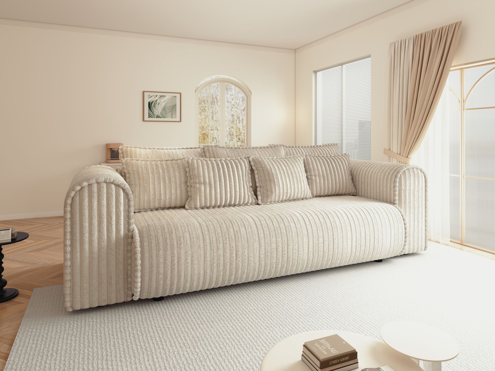 Canapea extensibilă dumonde cu ladă de depozitare si sezut confortabil din spuma high-density, Monaco Mica Tilia Crem 240x100 cm