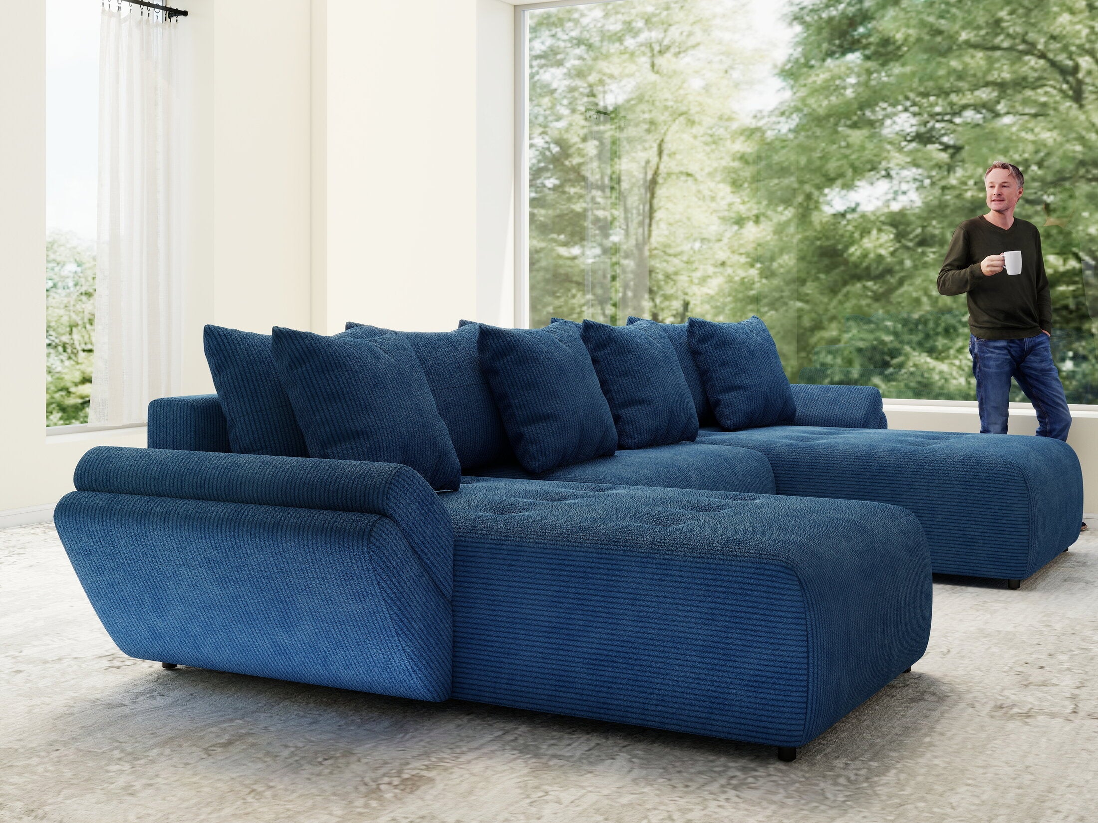 Colțar extensibil dumonde cu ladă de depozitare si sezut confortabil din spuma high-density, Berlin U Zoom Blue 400x185 cm