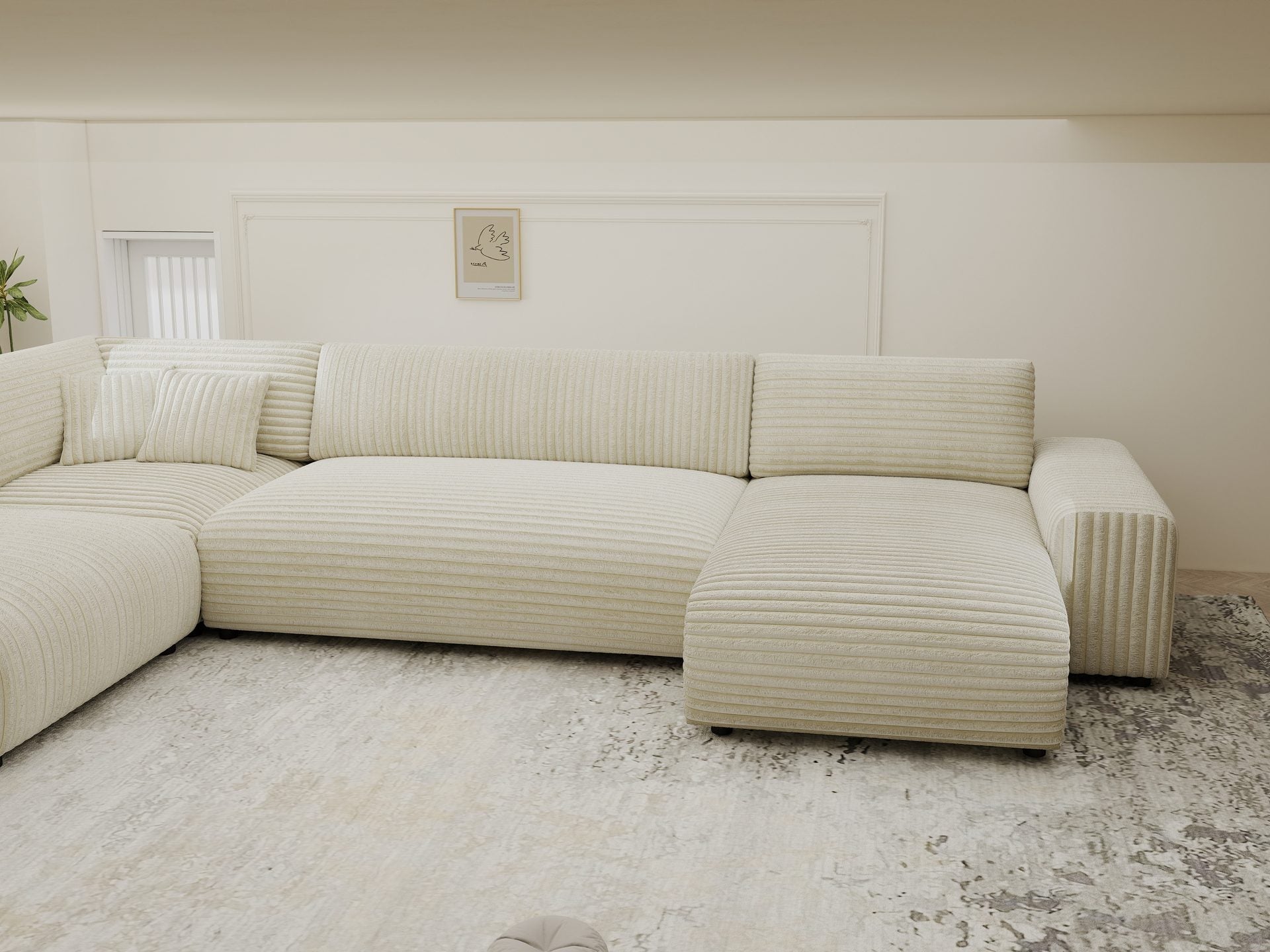 Dumonde kihúzható sarokkanapé tárolórekesszel és kényelmes, nagy sűrűségű habszivacs ülőfelülettel, Justin Tilia bej 374x224 cm
