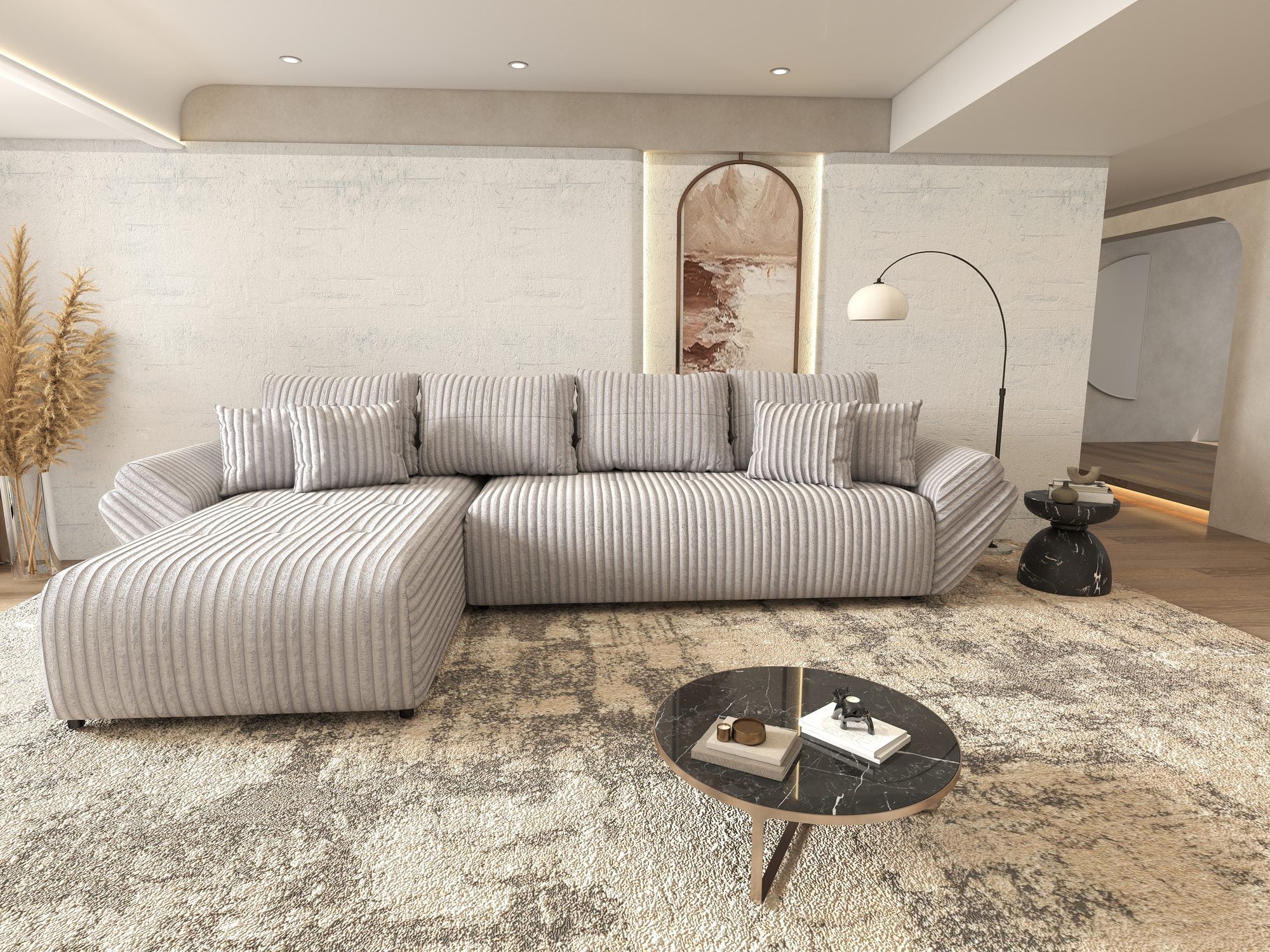 Colțar extensibil dumonde cu ladă de depozitare si sezut confortabil din spuma high-density, Berlin XL Tilia Gri 86 350x185 cm