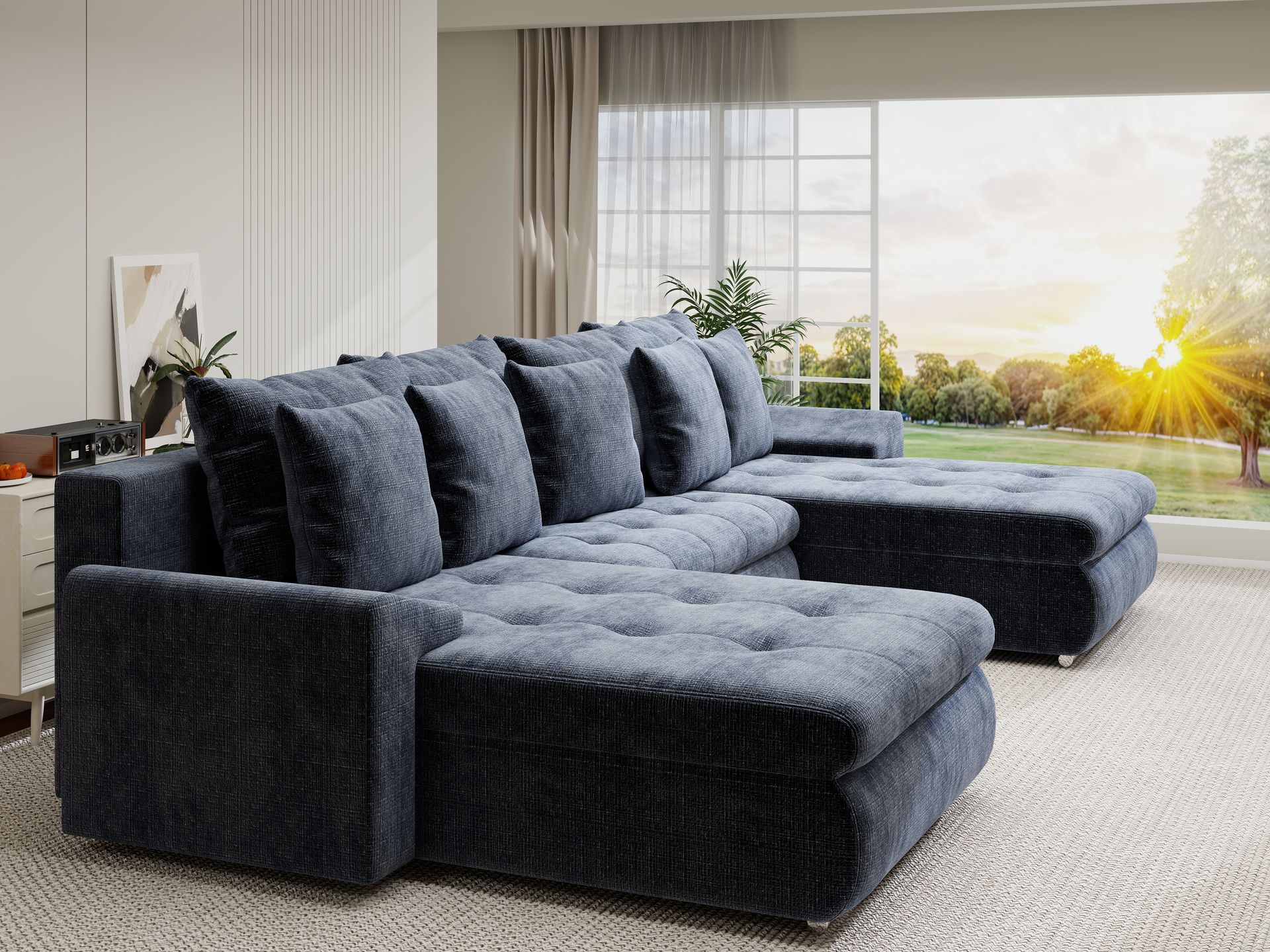 Colțar extensibil dumonde cu ladă de depozitare si sezut confortabil din spuma high-density, Leonardo U Cremona Albastru 79 360x185 cm