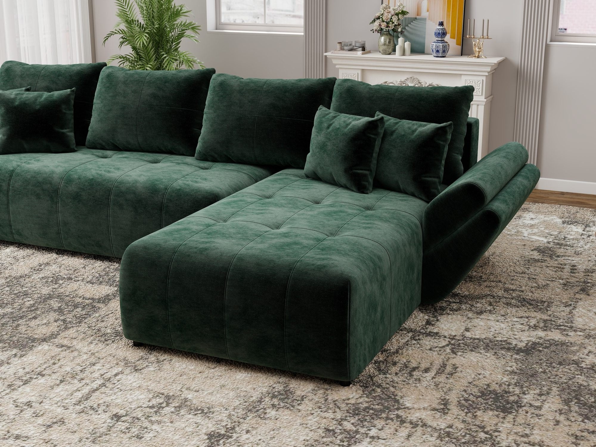 Colțar extensibil dumonde cu ladă de depozitare si sezut confortabil din spuma high-density, Berlin XL Monolith Verde 37 II 350x185 cm