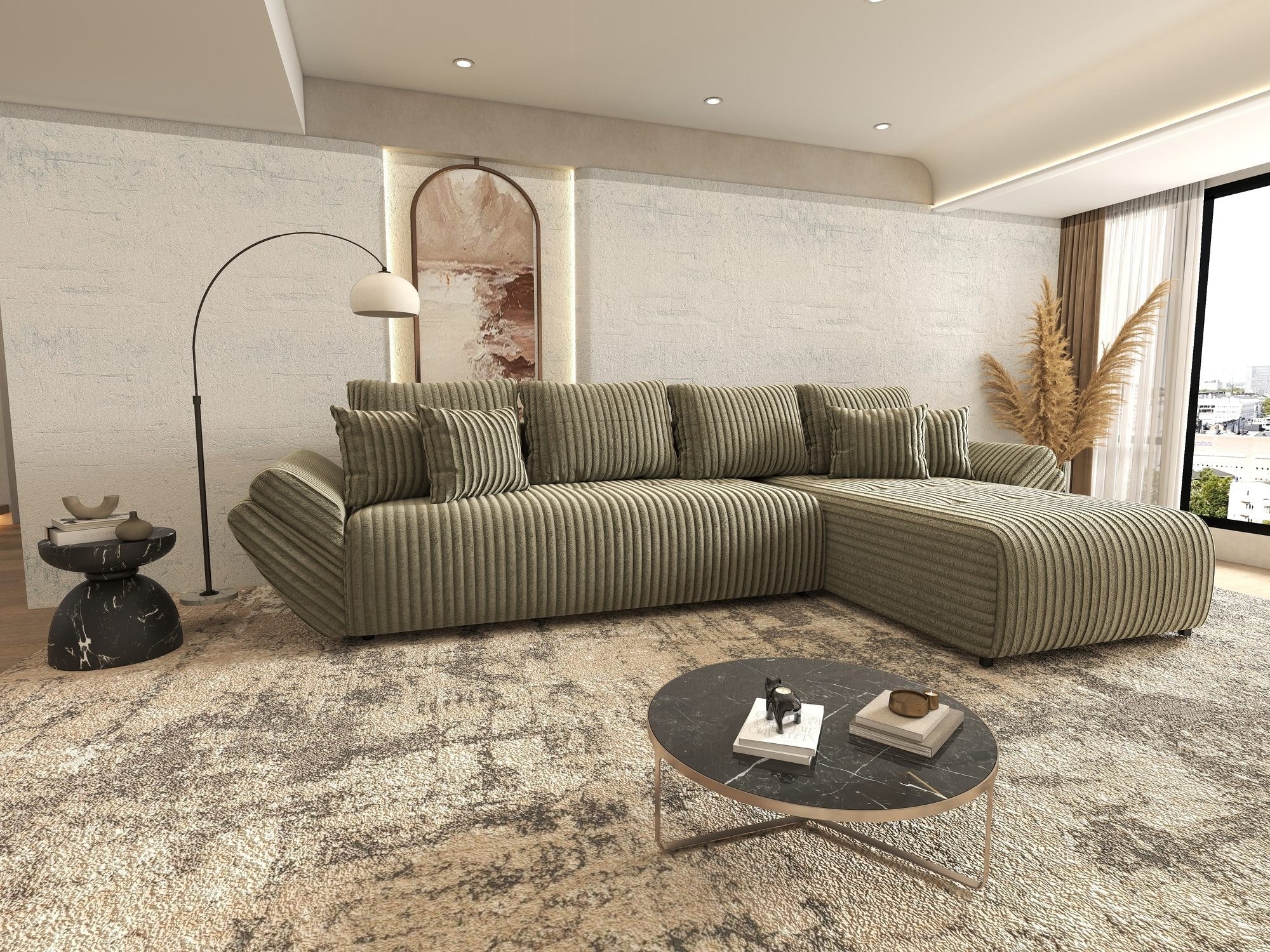 Colțar extensibil dumonde cu ladă de depozitare si sezut confortabil din spuma high-density, Berlin XL Tilia Verde Olive 37 II 350x185 cm