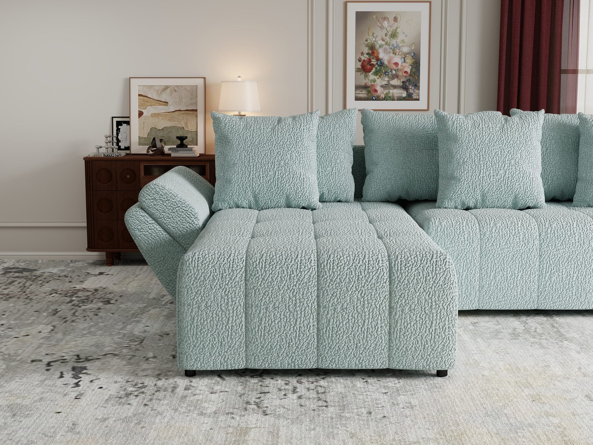 Colțar extensibil dumonde cu ladă de depozitare si sezut confortabil din spuma high-density, Berlin Jaguar Verde Mint 16 280x185 cm