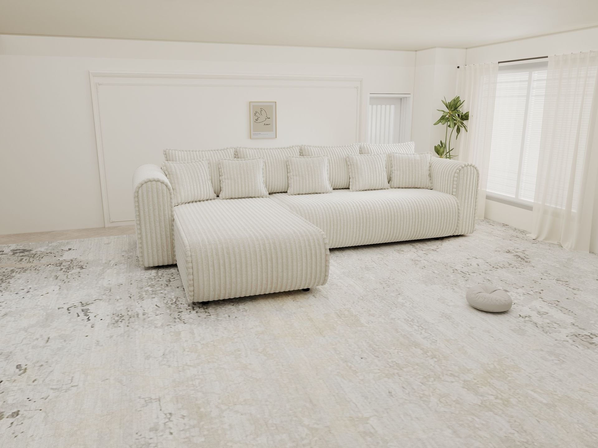 Colțar extensibil dumonde cu ladă de depozitare si sezut confortabil din spuma high-density, Monaco XL Tilia Crem 340x185 cm