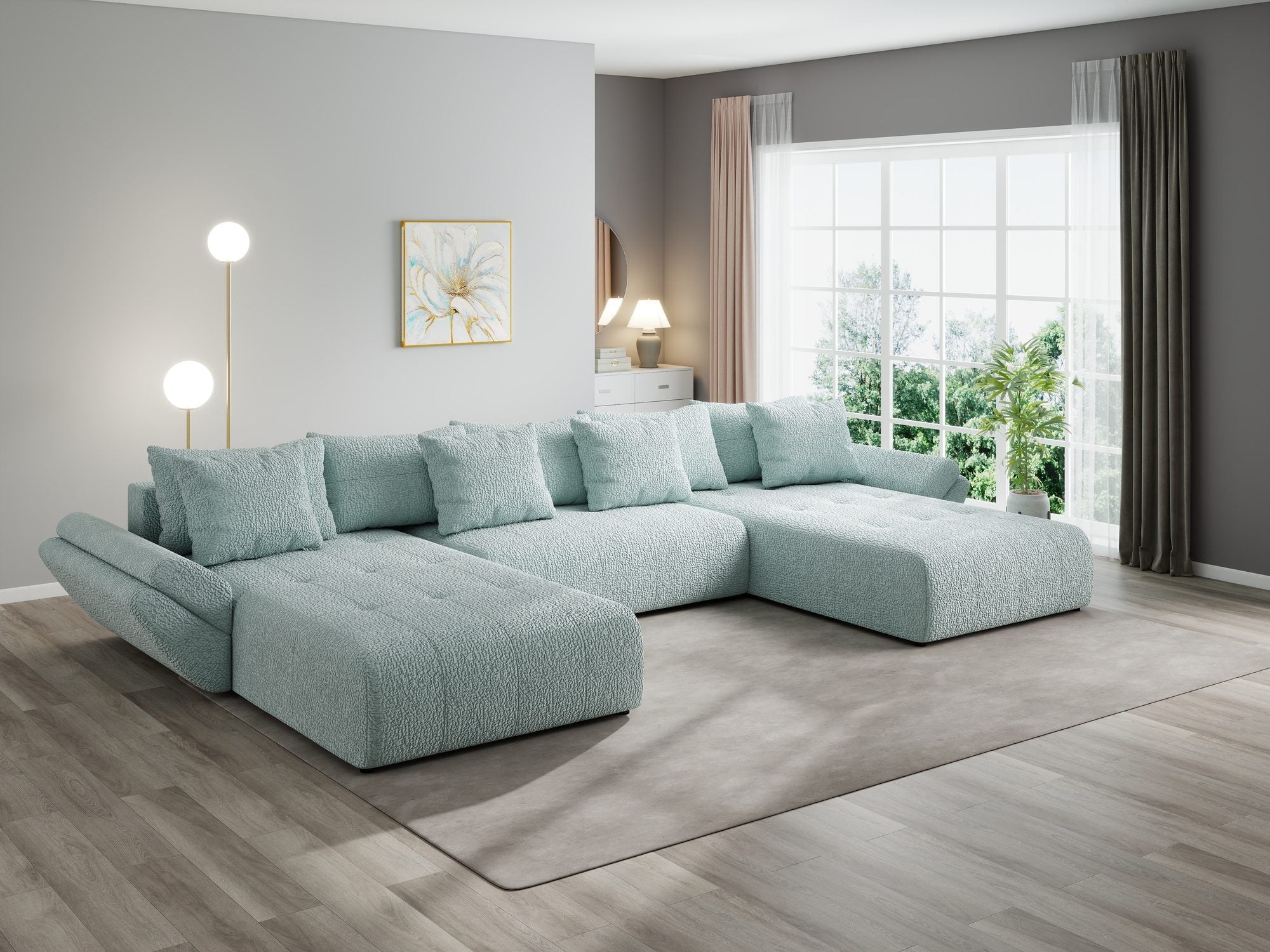 Colțar extensibil dumonde cu ladă de depozitare si sezut confortabil din spuma high-density, Berlin U Jaguar Verde Mint 16 380x180 cm